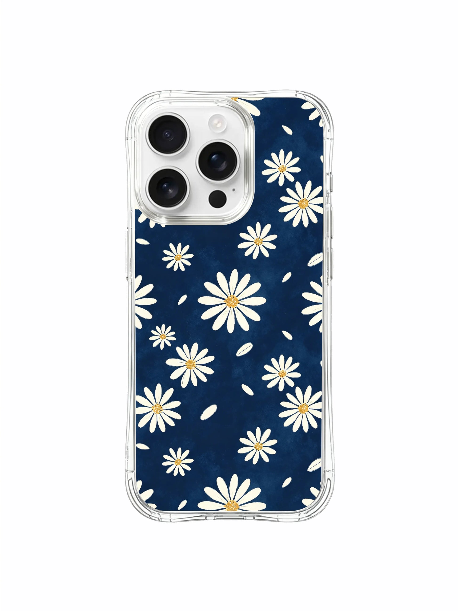 PhoneCasing iPhone 16 Pro Max Case with MagSafe compatibility, featuring the deep ocean blue daisy design by artist Daisy Vale.