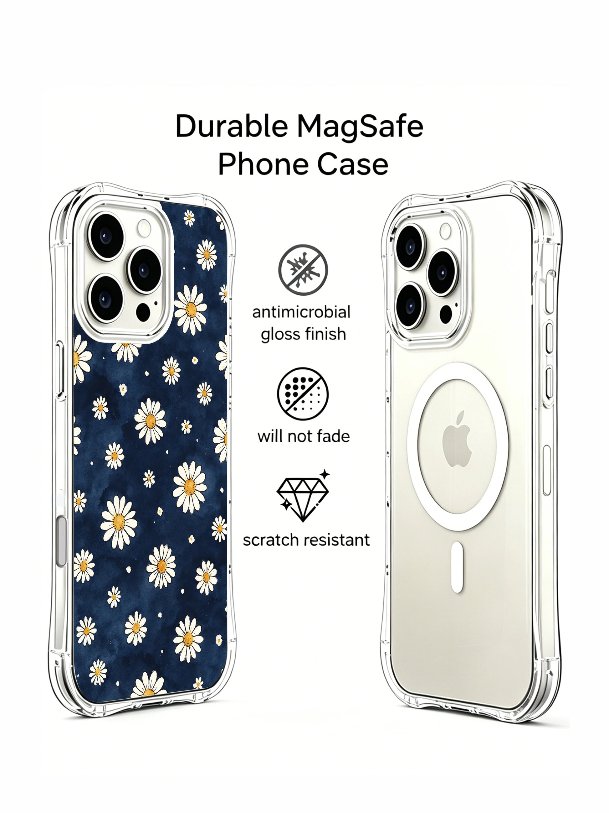 PhoneCasing iPhone 16 Pro Max Case showcasing the whimsical Midnight Daisy Rain pattern by Mira Bloomwell, a soft retro floral design for everyday use.