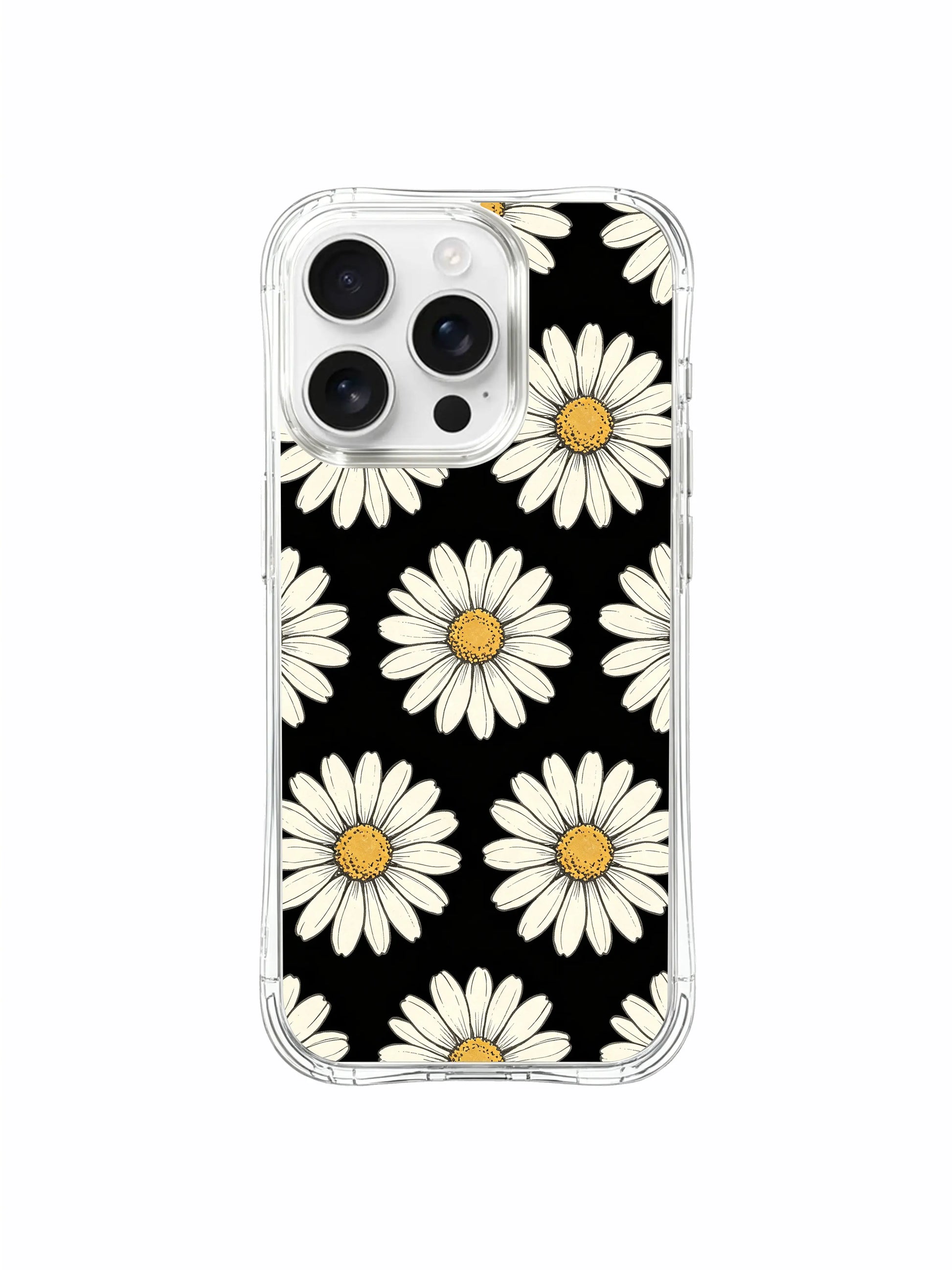 PhoneCasing iPhone 16 Pro Max Case showcasing the high-contrast black and white daisy pattern, designed by Daisy Vale for a chic, timeless look