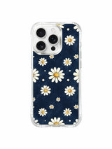 PhoneCasing iPhone 16 Pro Max Case with dark floral aesthetic daisy art by Mira Bloomwell, the Midnight Daisy Rain design balances bold navy and soft white blooms.
