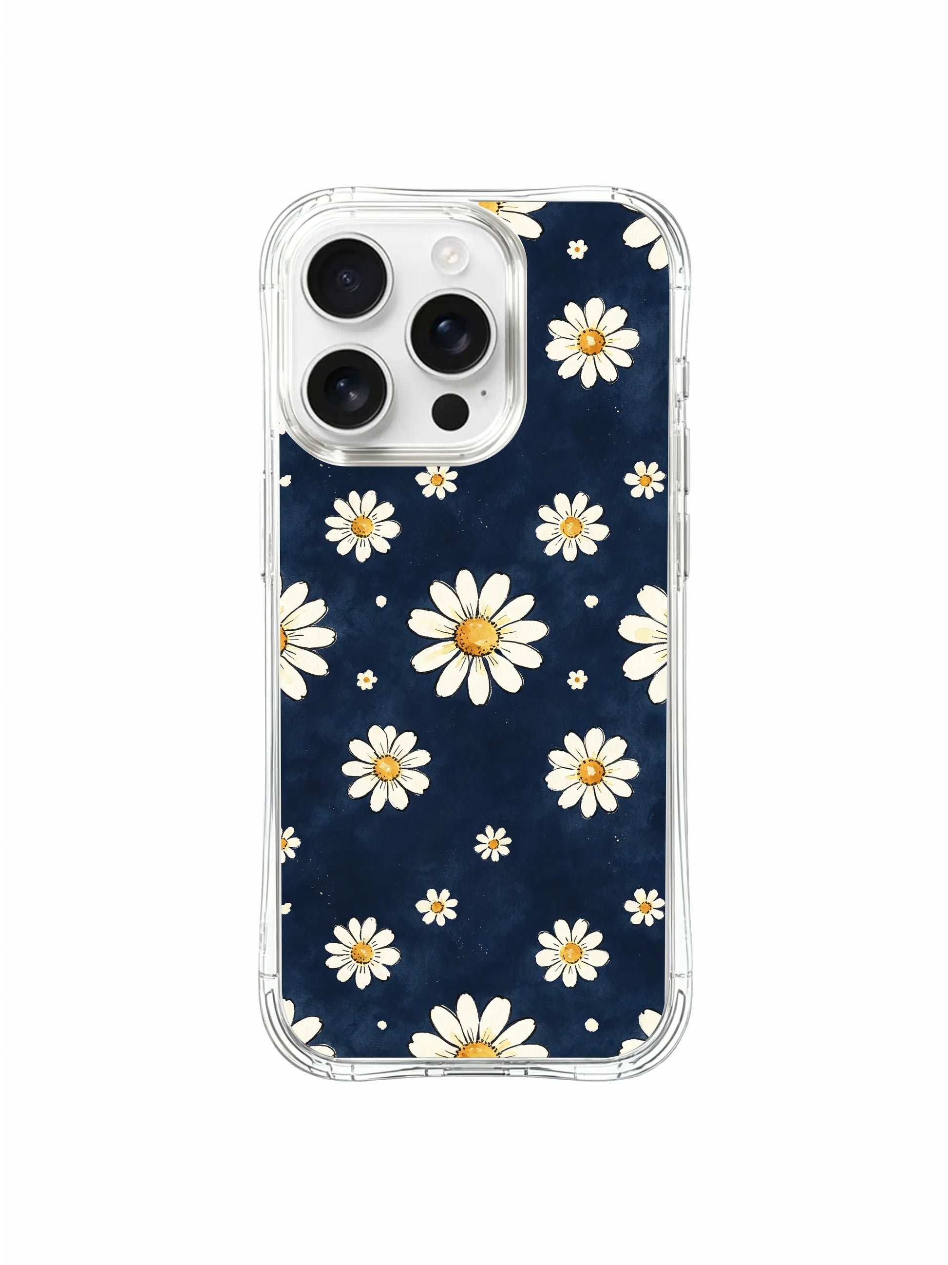 PhoneCasing iPhone 16 Pro Max Case with dark floral aesthetic daisy art by Mira Bloomwell, the Midnight Daisy Rain design balances bold navy and soft white blooms.