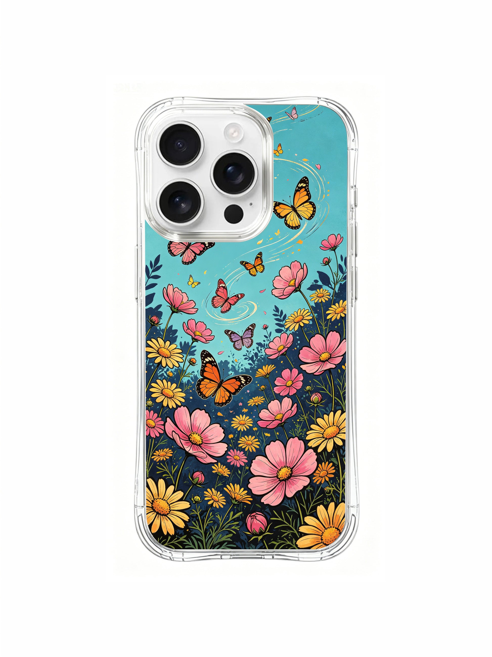 PhoneCasing Monarch Butterfly Floral iPhone 16 Pro Max Case, featuring orange monarchs and other colorful butterflies over pink cosmos flowers.