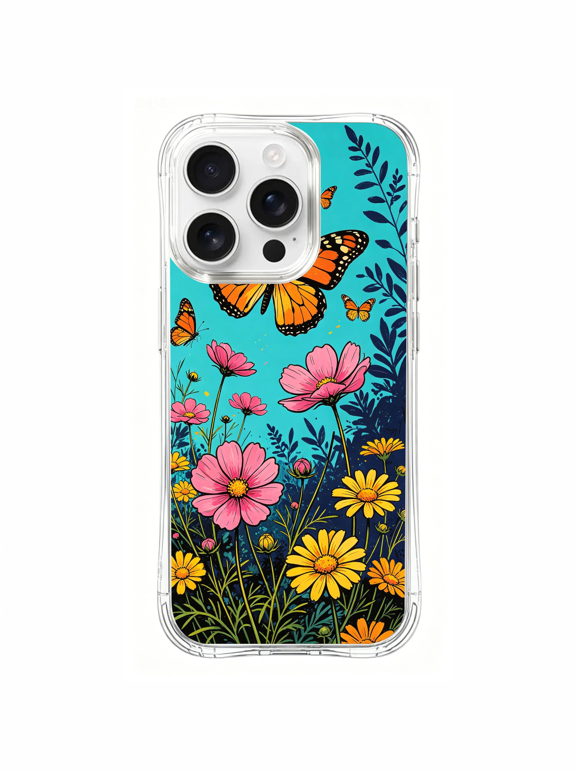 PhoneCasing pink cosmos and yellow daisy botanical art on an iPhone 16 Pro Max Case, a bold and uplifting piece by Aurora Bloom.
