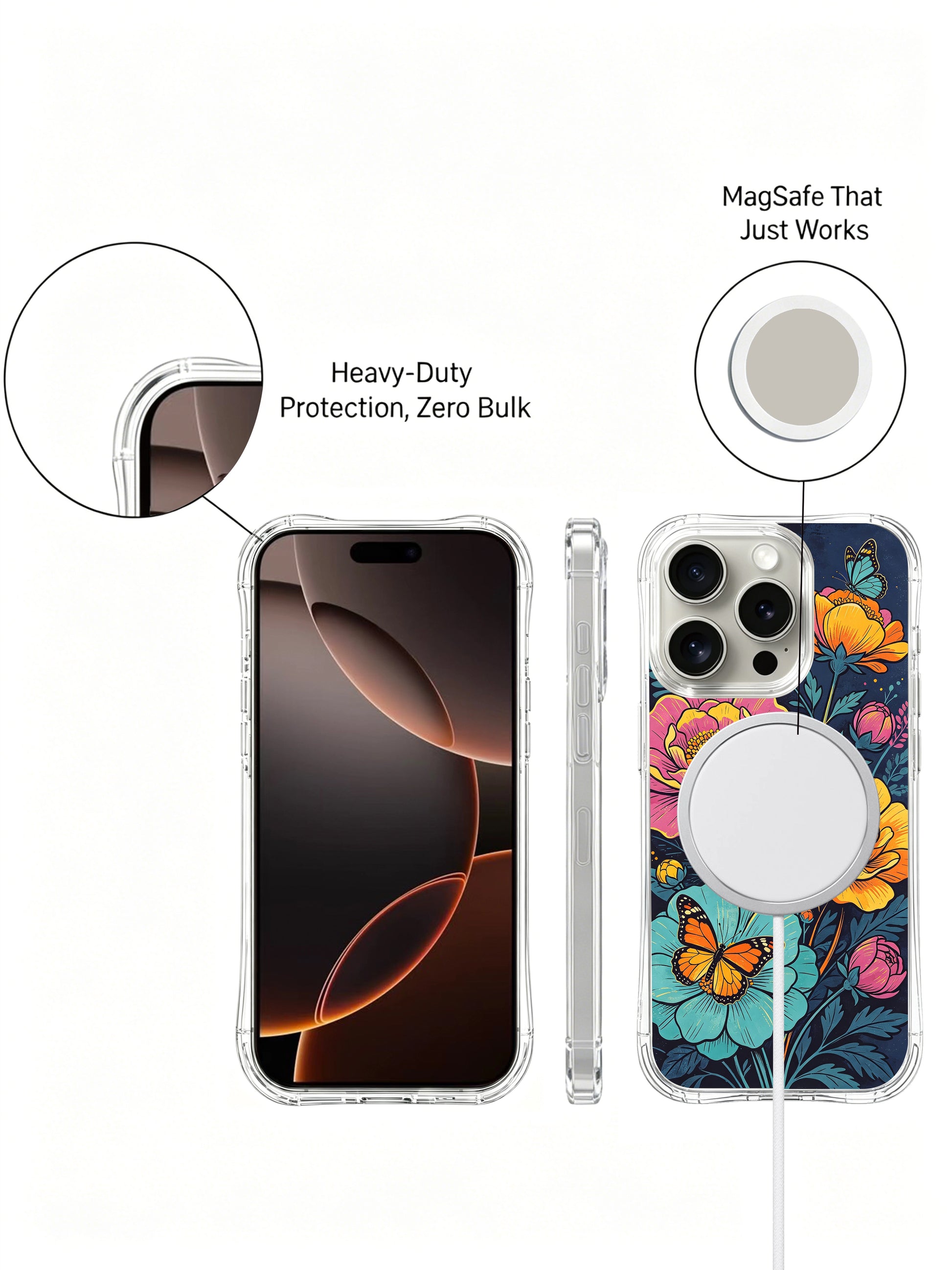 PhoneCasing Monarch Butterfly Meadow iPhone 16 Pro Max Case. Orange and teal butterflies flutter among large, colorful flowers in a midnight garden.