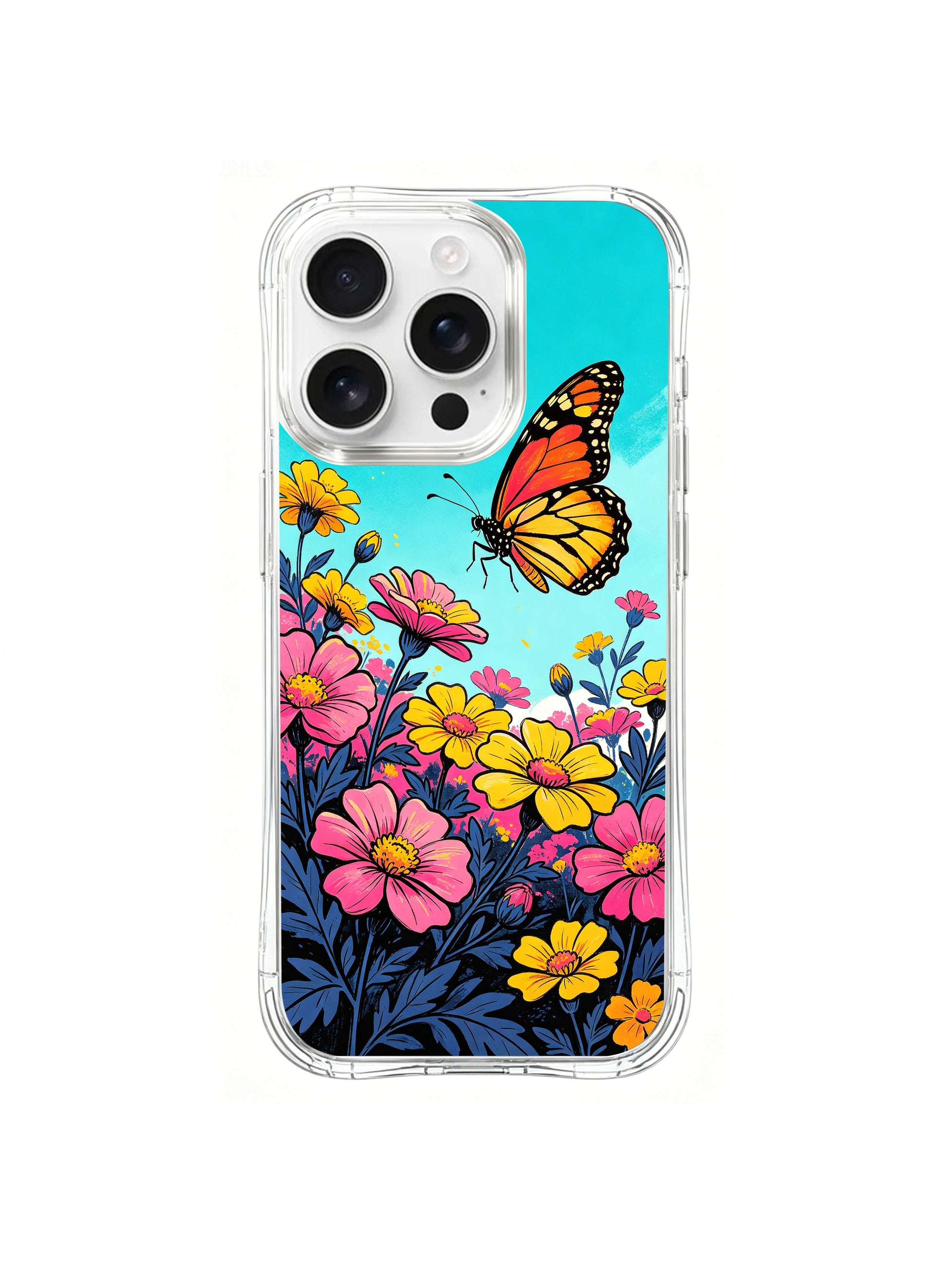 PhoneCasing monarch butterflies in a flame meadow design on an iPhone 16 Pro Max Case, a colorful scene of butterflies flying over a field of vibrant, fiery blooms.