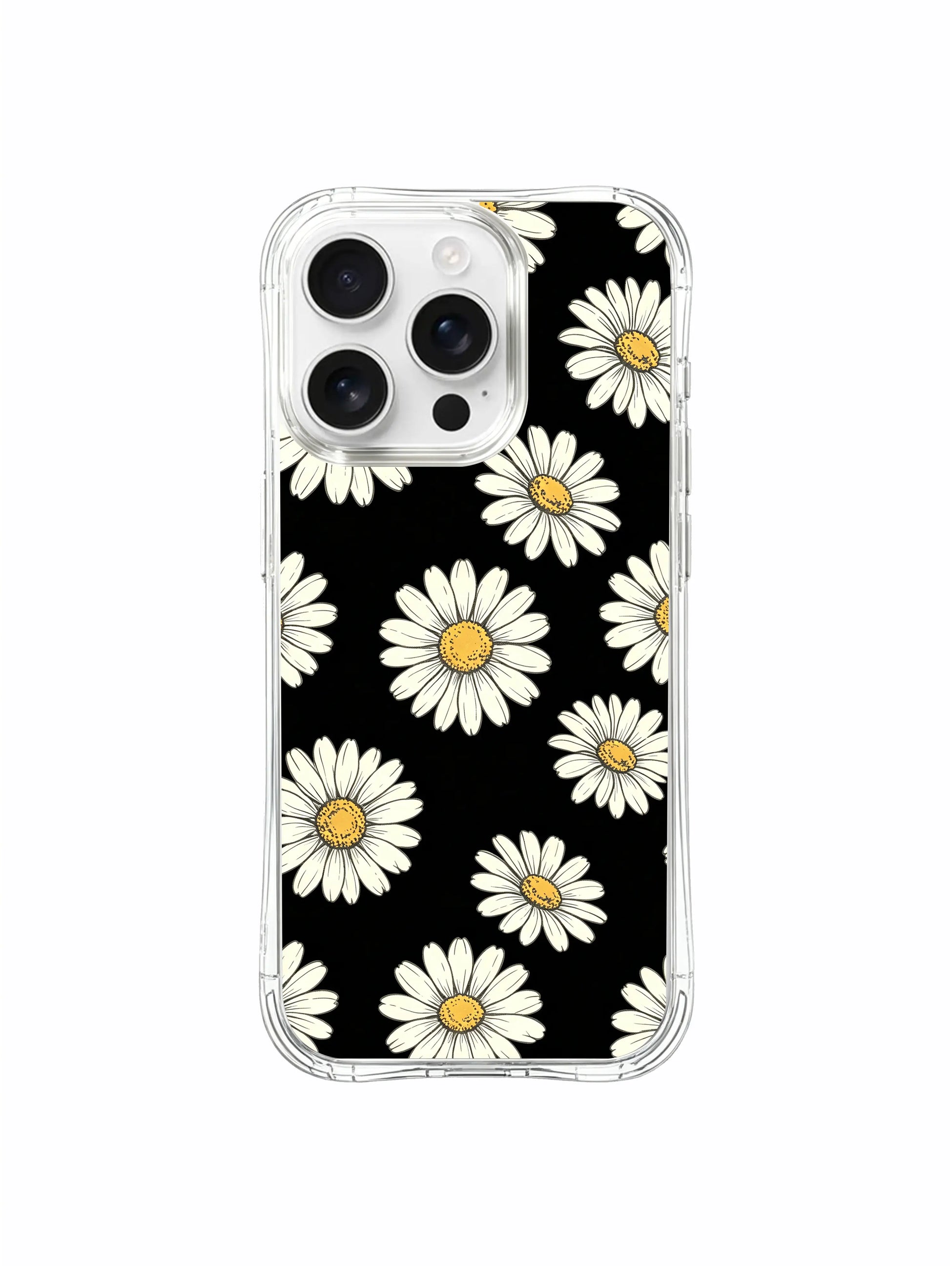 PhoneCasing iPhone 16 Pro Max Case with the moody black background and delicate white daisies, a sophisticated floral case perfect for those who love minimalist art.