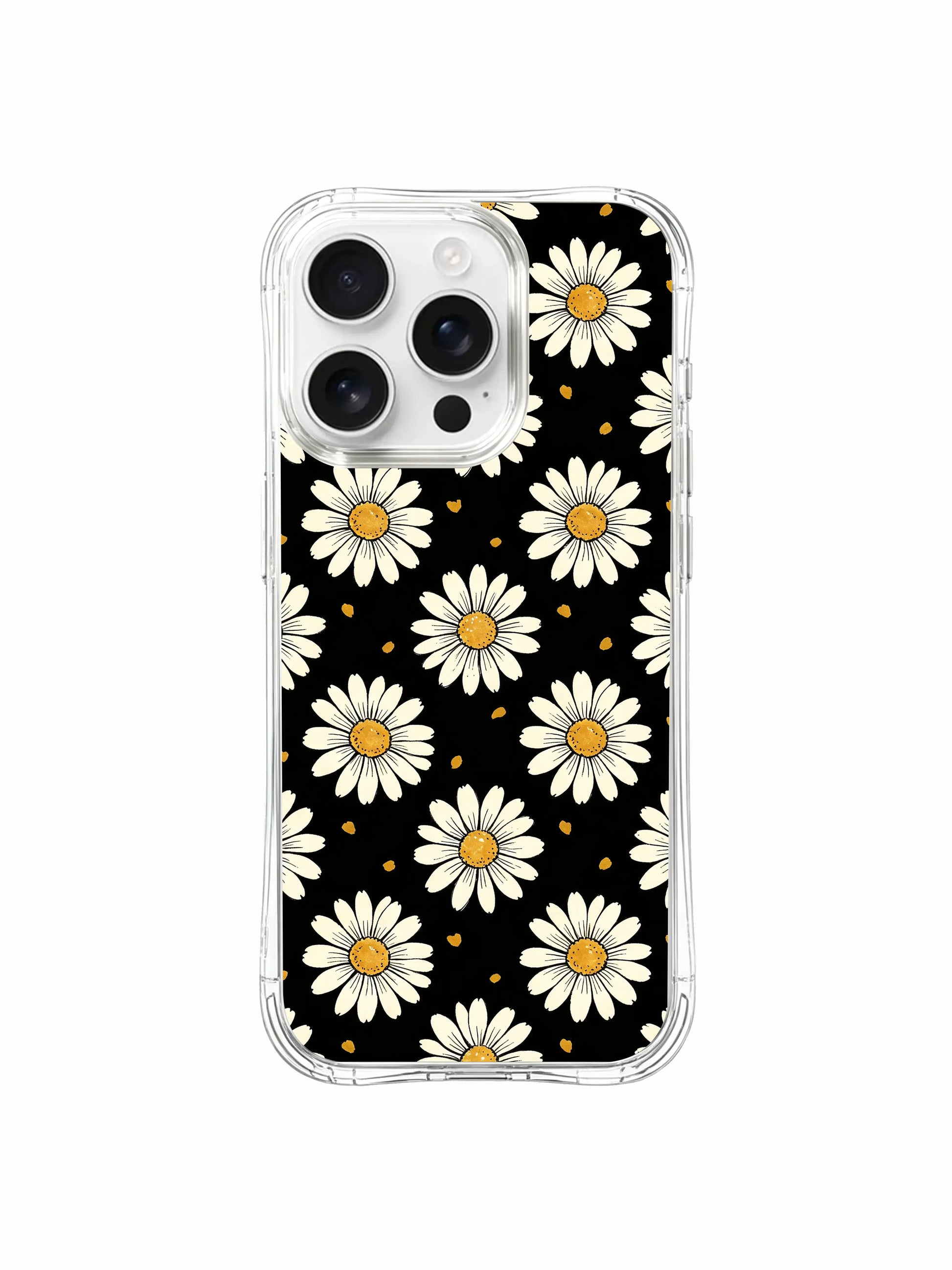 PhoneCasing iPhone 16 Pro Max Case featuring the moody black and cream daisy print from Daisy Vale, a case that symbolizes quiet sweetness and everyday calm.