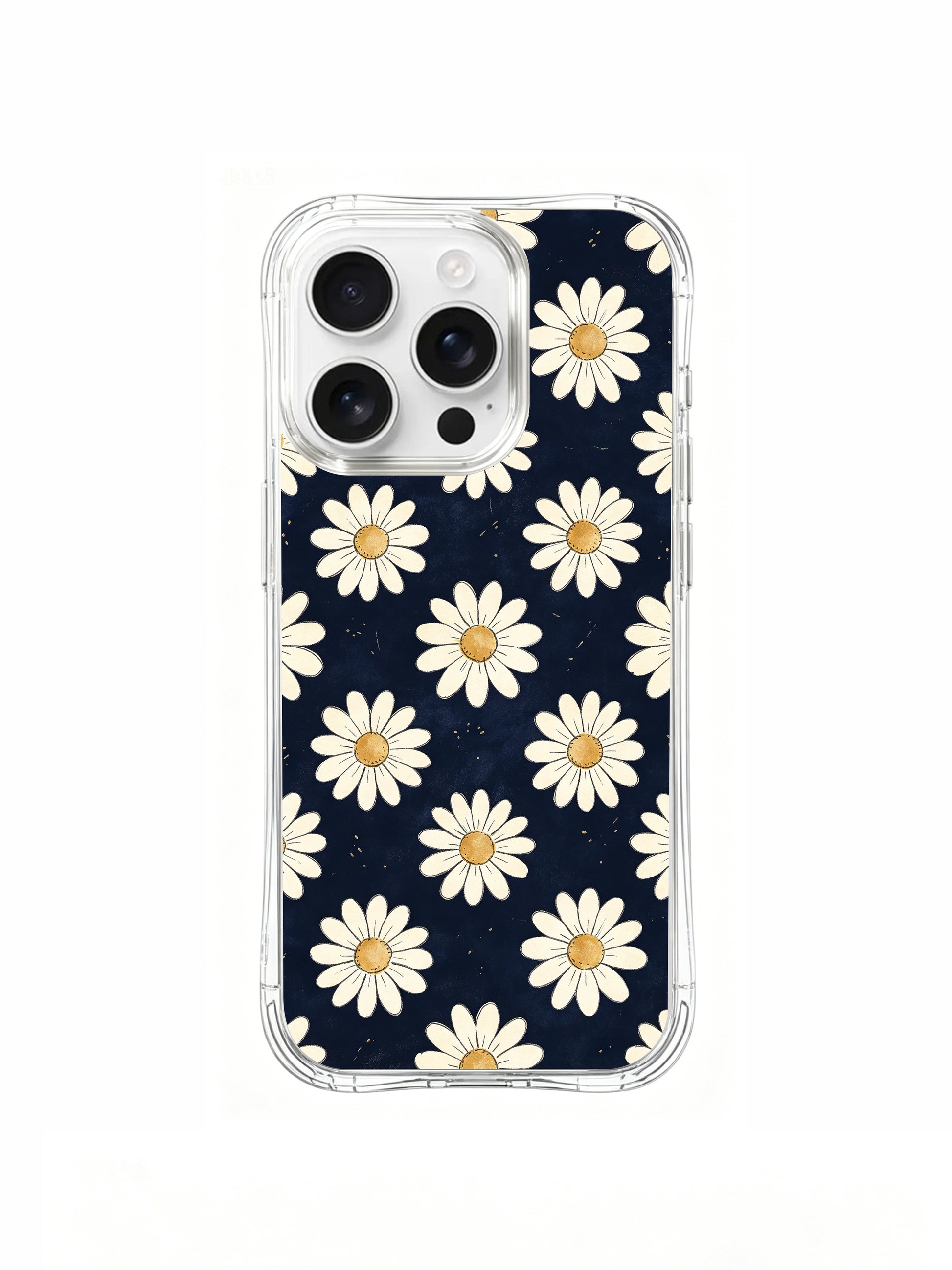 PhoneCasing iPhone 16 Pro Max Case featuring the soft Navy & Cream Daisies design by artist Daisy Vale, a calming floral print that evokes quiet morning warmth.