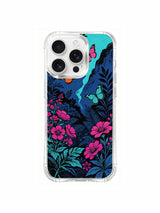  PhoneCasing neon floral adventure design on an iPhone 16 Pro Max Case, a striking mix of pink, blue, and orange blooms with flying butterflies.