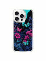 PhoneCasing neon wildflower butterfly art on an iPhone 16 Pro Max Case, a bold and energetic design perfect for lovers of dark, vibrant style.
