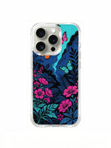 PhoneCasing "Night Blue Butterfly Valley" art on an iPhone 16 Pro Max Case, Aurora Bloom’s mysterious design of colorful butterflies emerging from a dark floral canyon.