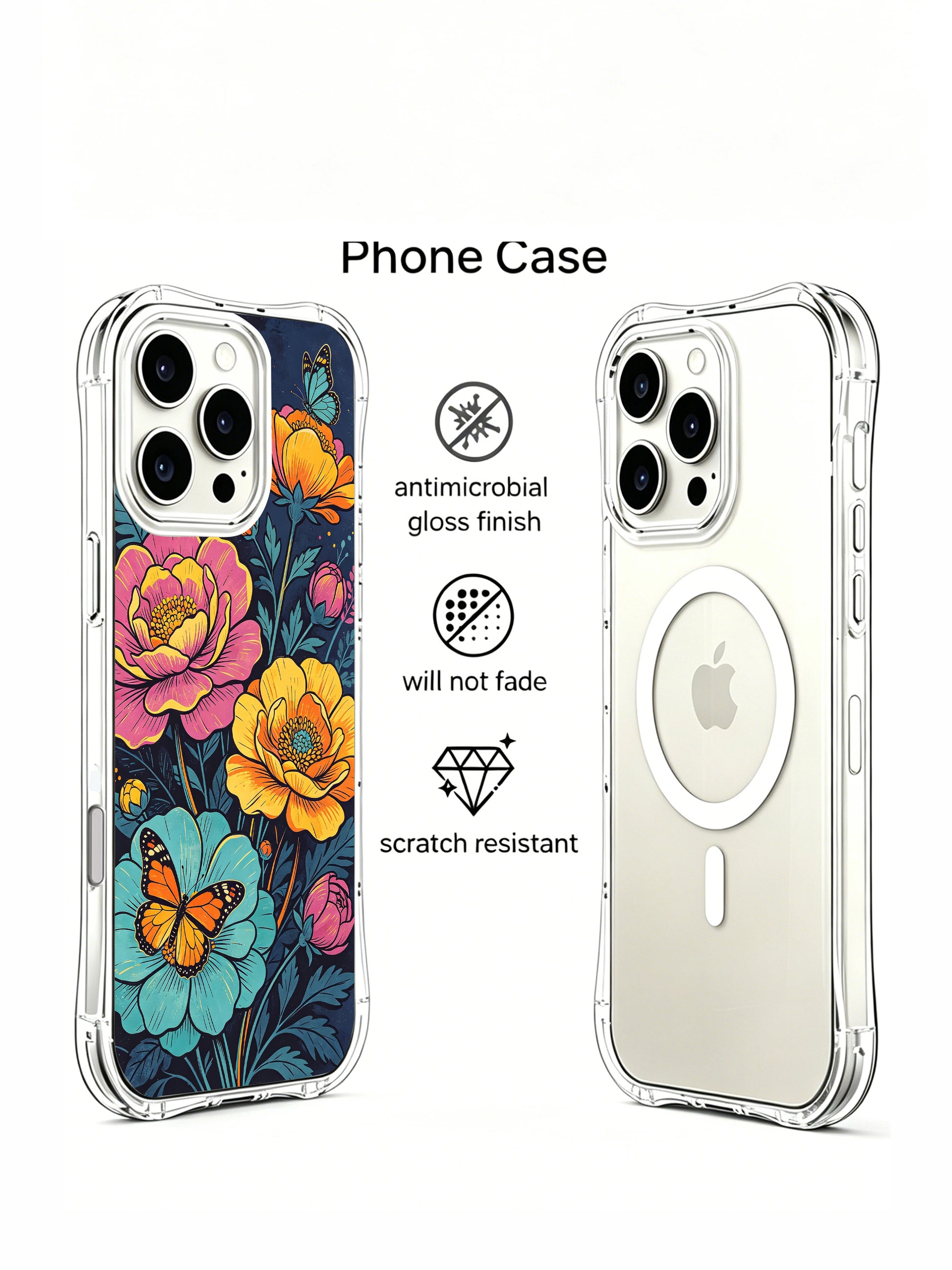 PhoneCasing Nighttime Bloom iPhone 16 Pro Max Case. Bold peonies and colorful butterflies against a deep indigo background, designed for art lovers.