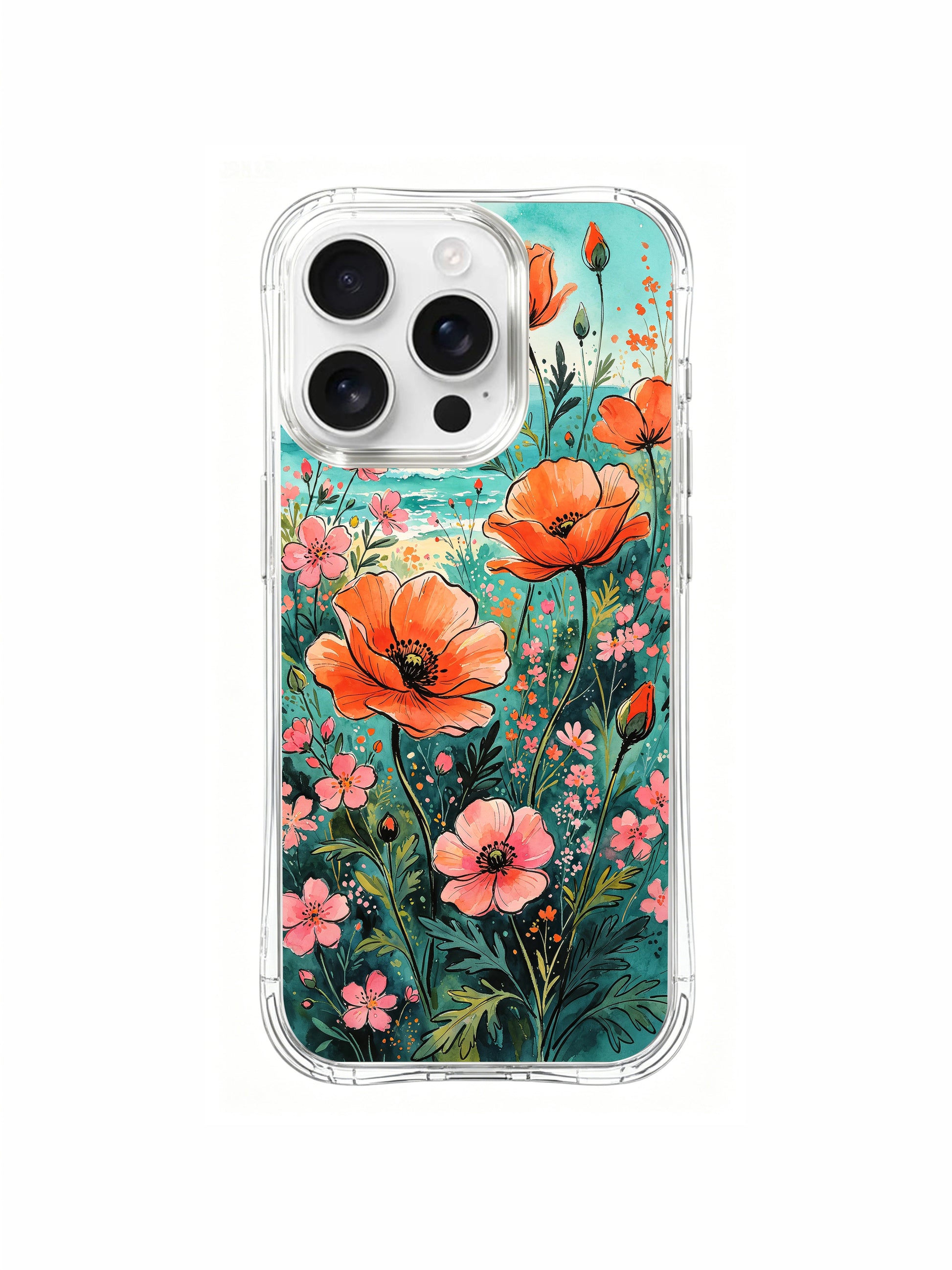 PhoneCasing Orange Poppy Beach iPhone 16 Pro Max Case, featuring vibrant blooms that glow like the sunset over the ocean.