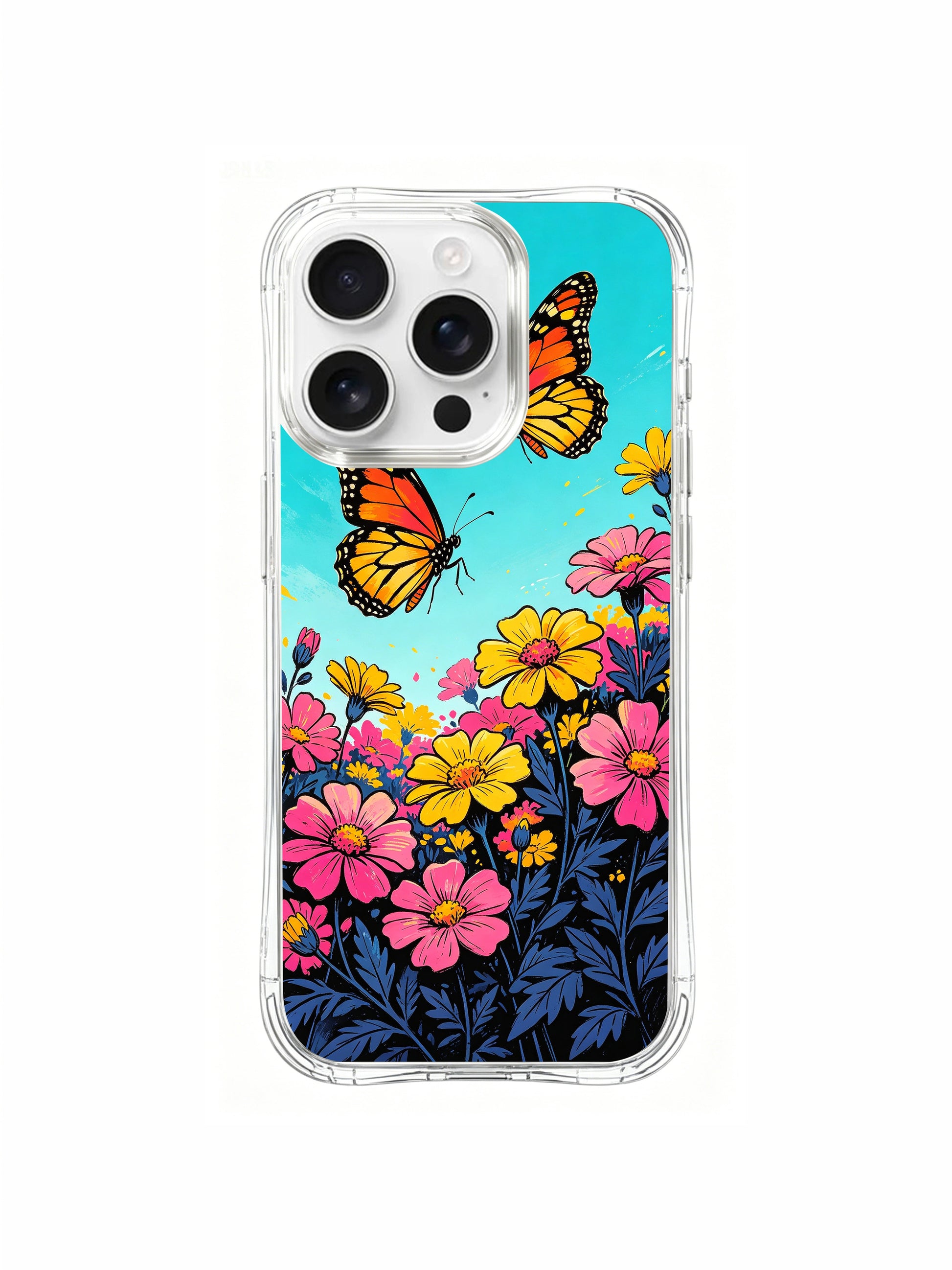  PhoneCasing passionate floral border design on an iPhone 16 Pro Max Case, where flowers frame a bright blue sky, radiating energy and courage.