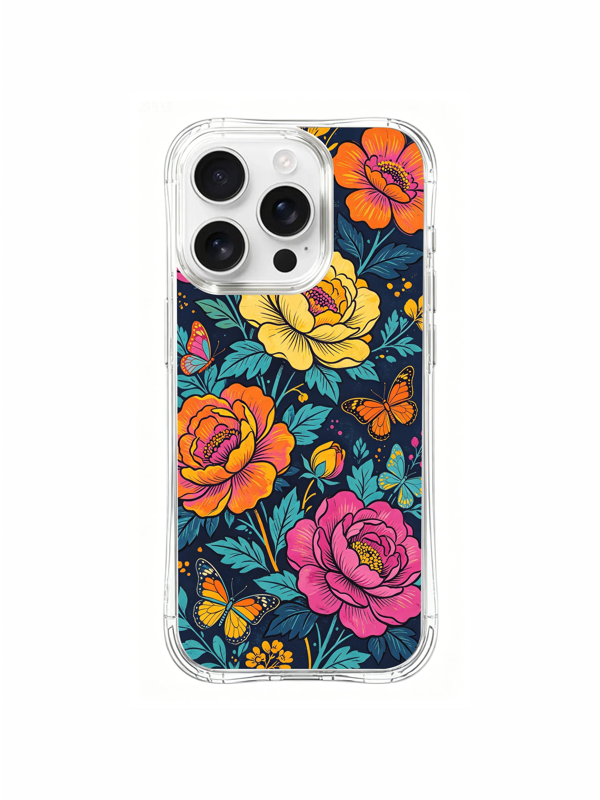 PhoneCasing Pink and Orange Bloom iPhone 16 Pro Max Case. Large peonies in pink, yellow, and orange with teal leaves and monarch butterflies.