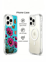 Pink cosmos and butterfly design on an iPhone 16 Pro Max case