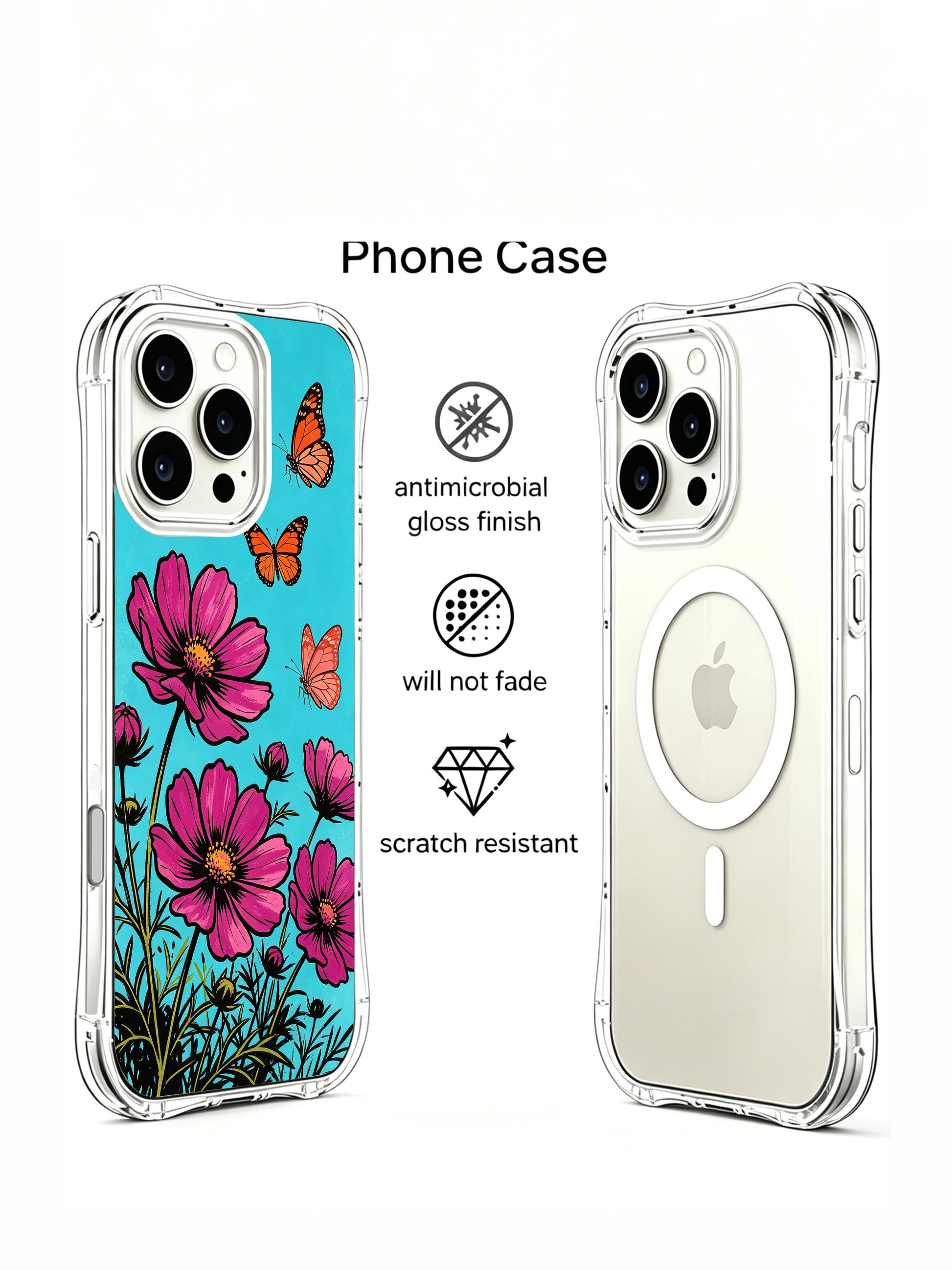 PhoneCasing hand-drawn pink cosmos and butterfly design on an iPhone 16 Pro Max Case, a whimsical summer-inspired piece by Aurora Bloom.