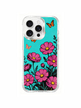 Pink flowers against a turquoise sky on an iPhone 16 Pro Max case