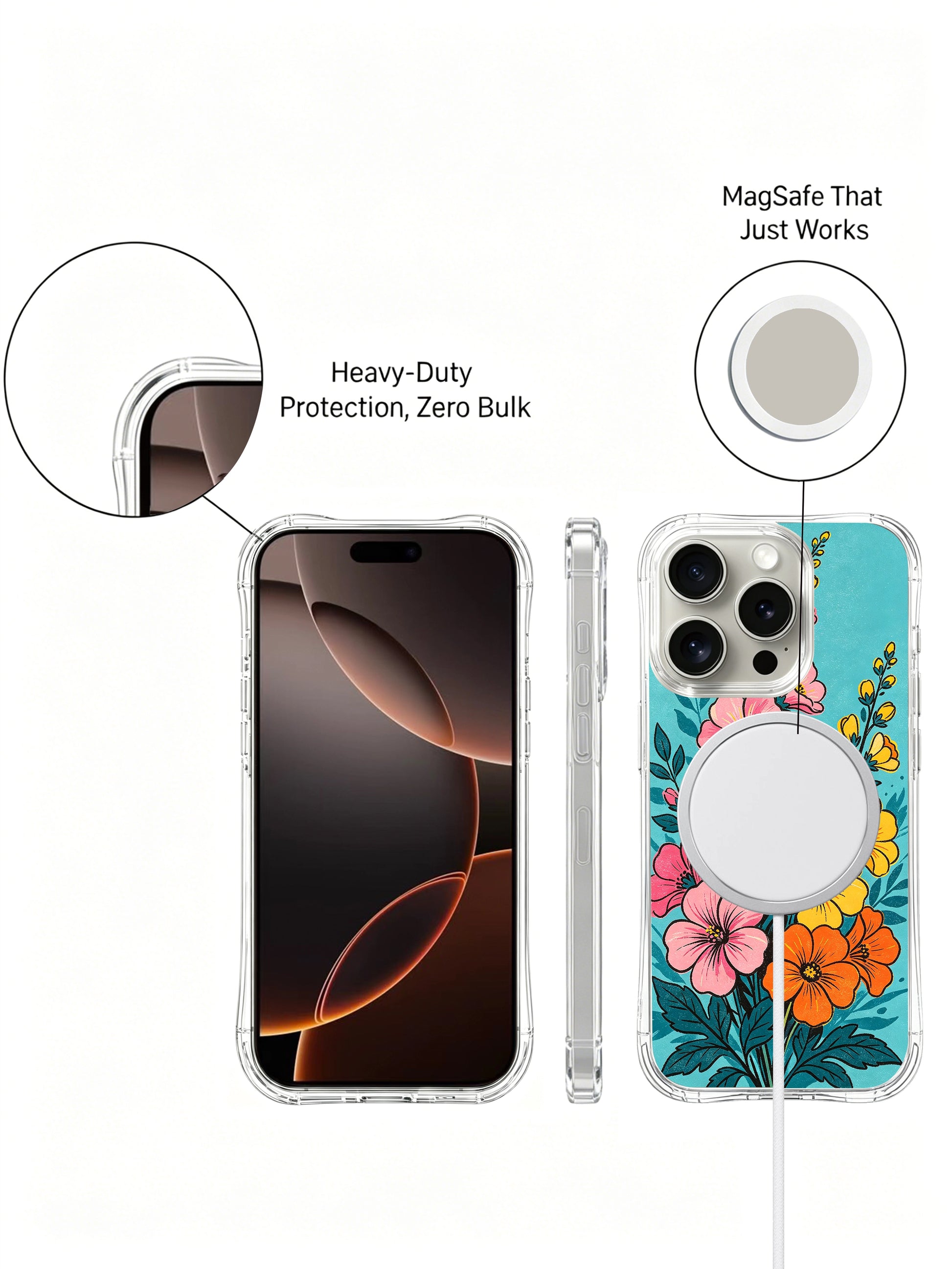 PhoneCasing pink and orange floral surge art on an iPhone 16 Pro Max Case, Aurora Bloom’s dynamic design of flowers surging upward like a summer wave.