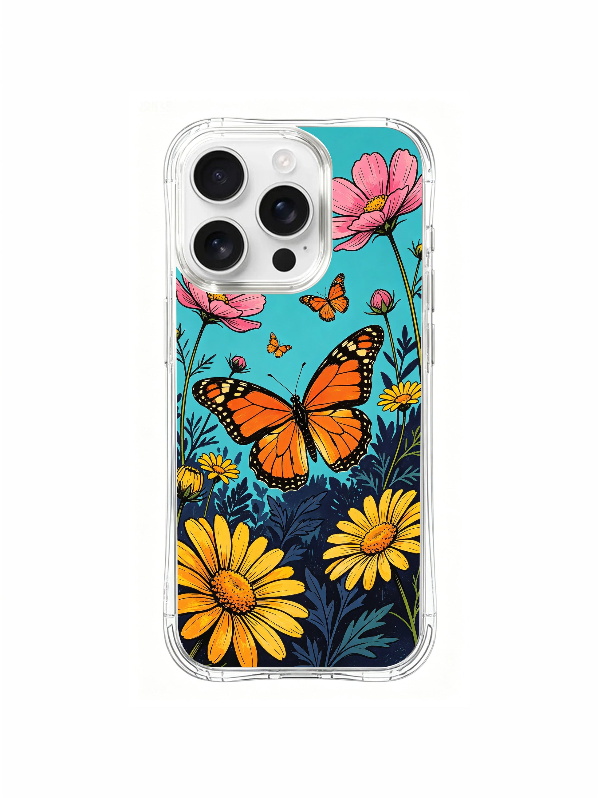 PhoneCasing wildflower and butterfly garden design on an iPhone 16 Pro Max Case, a whimsical scene of growth and exploration by Aurora Bloom.
