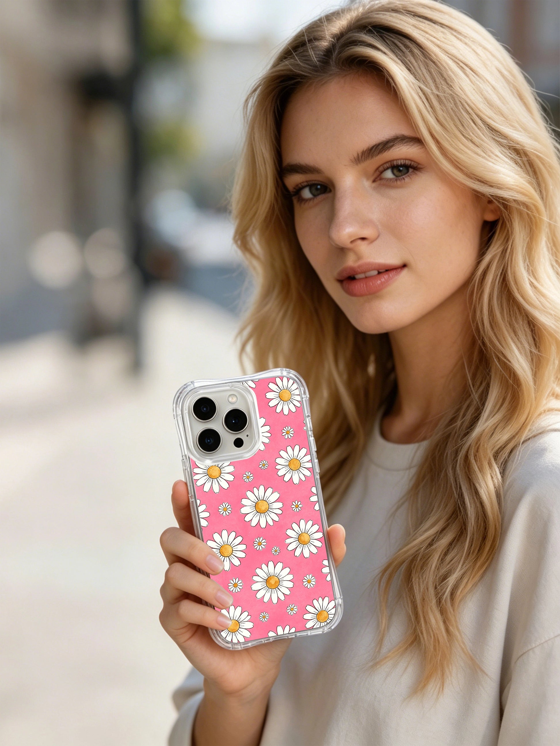 PhoneCasing iPhone 16 Pro Max Case with the whimsical pink daisy afternoon garden design, hand-drawn by artist Daisy Vale for a playful, joyful vibe.