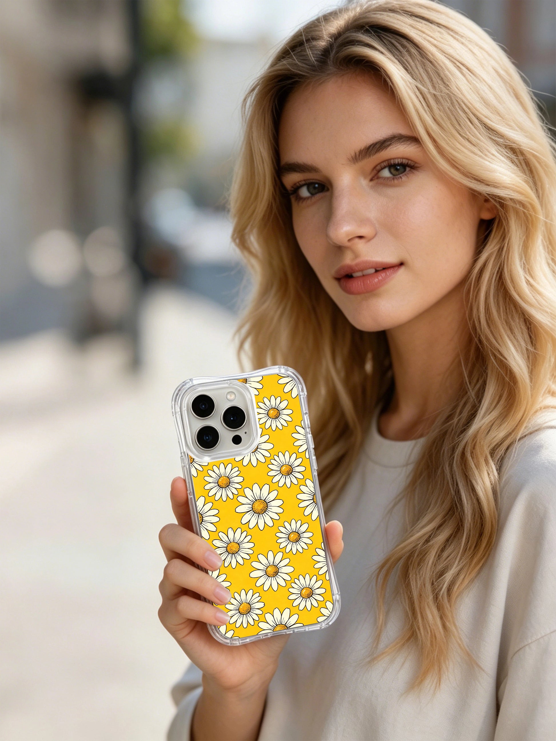 PhoneCasing iPhone 16 Pro Max Case with the positive sunny day daisy design by Daisy Vale, a durable MagSafe-compatible case made in California.