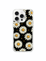 PhoneCasing iPhone 16 Pro Max Case featuring the premium black and cream daisy print from Daisy Vale, a UV-printed case made in California.