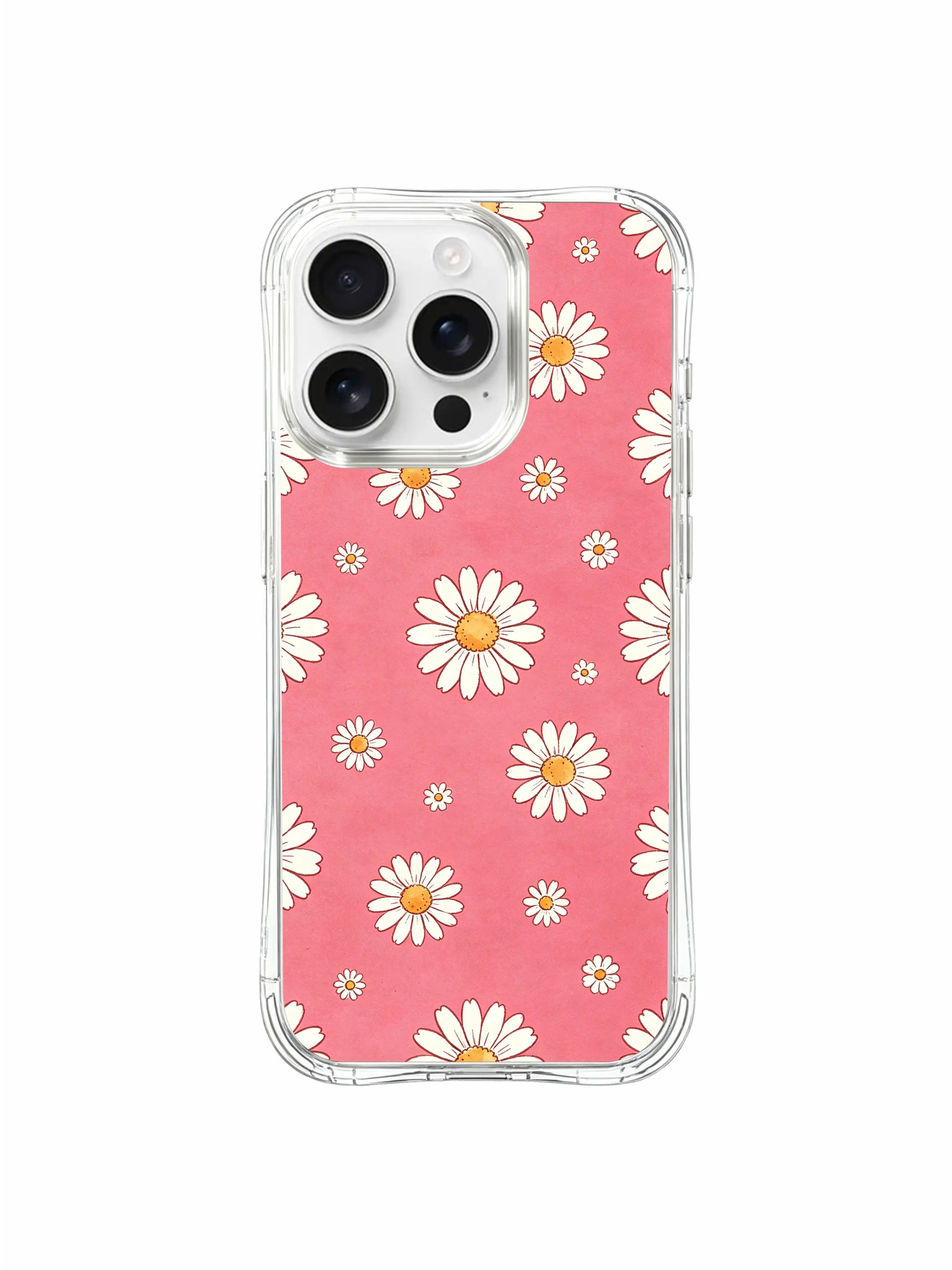 PhoneCasing iPhone 16 Pro Max Case featuring the premium strawberry pink daisy print from Daisy Vale, a fade-resistant case made in California.