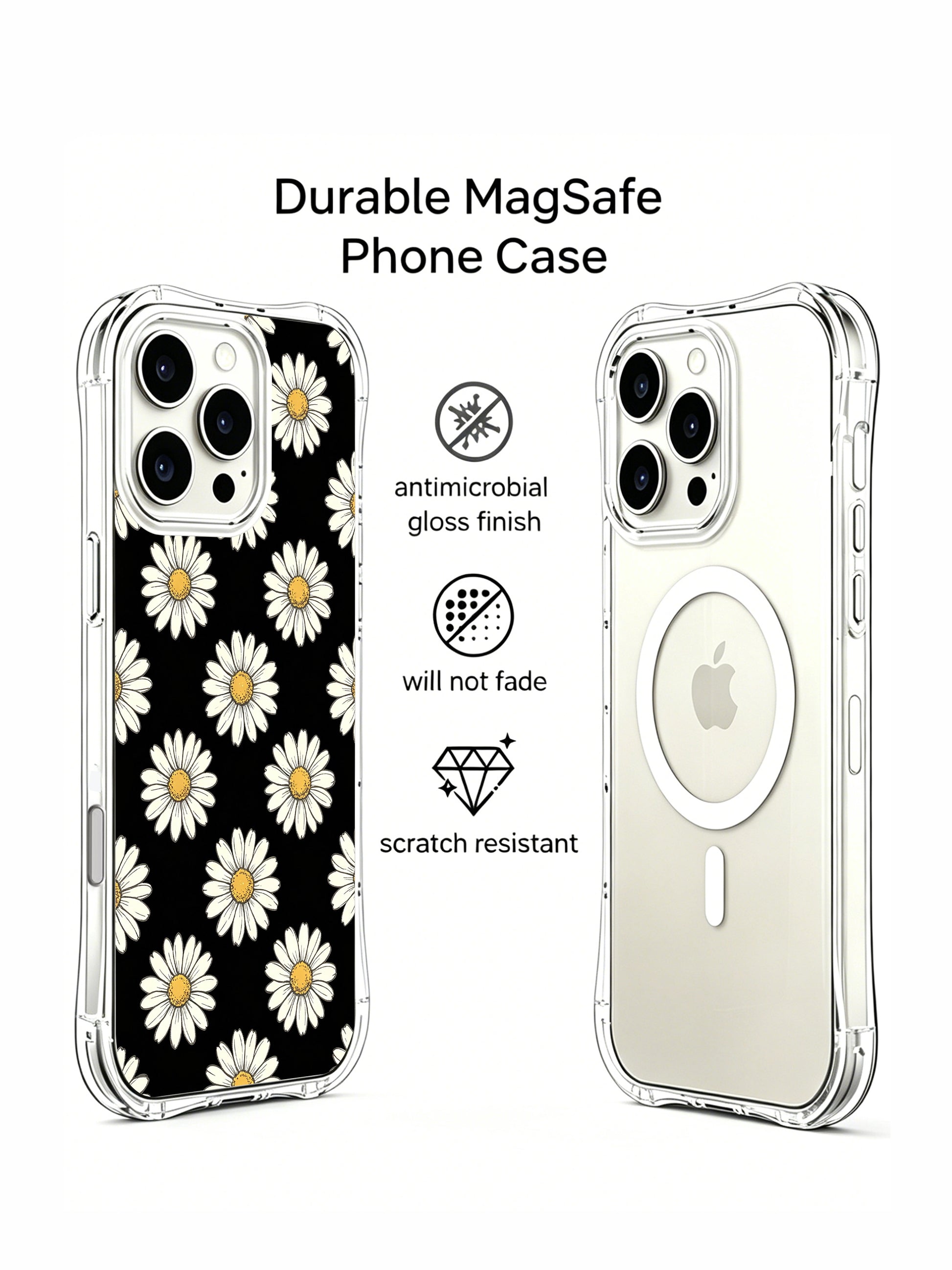 PhoneCasing iPhone 16 Pro Max Case featuring the quiet strength white daisy print from Daisy Vale, a case that symbolizes light blooming in the dark.