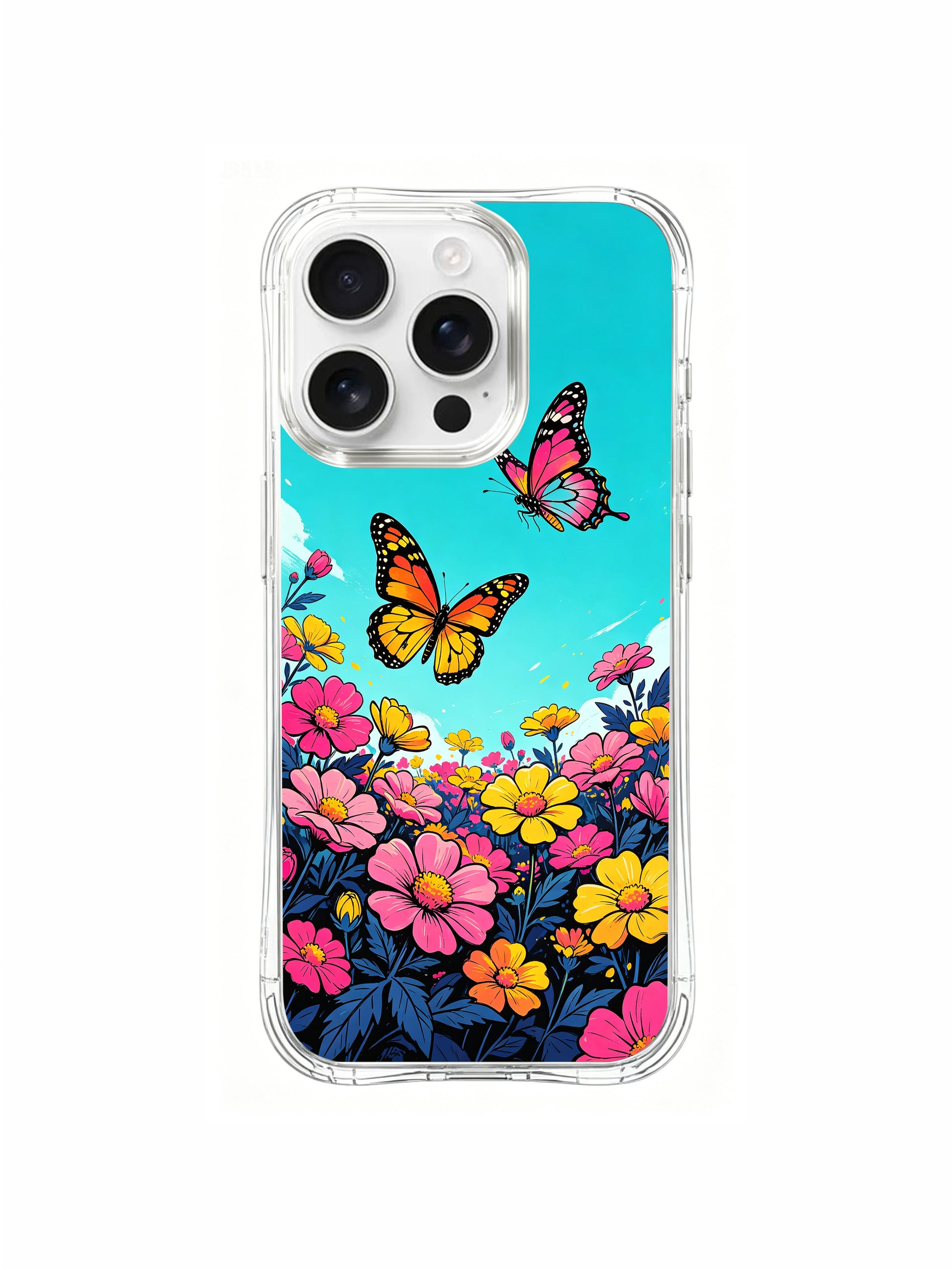 PhoneCasing red-orange floral border design on an iPhone 16 Pro Max Case, where fiery flowers form a frame around a bright turquoise center, symbolizing courage.