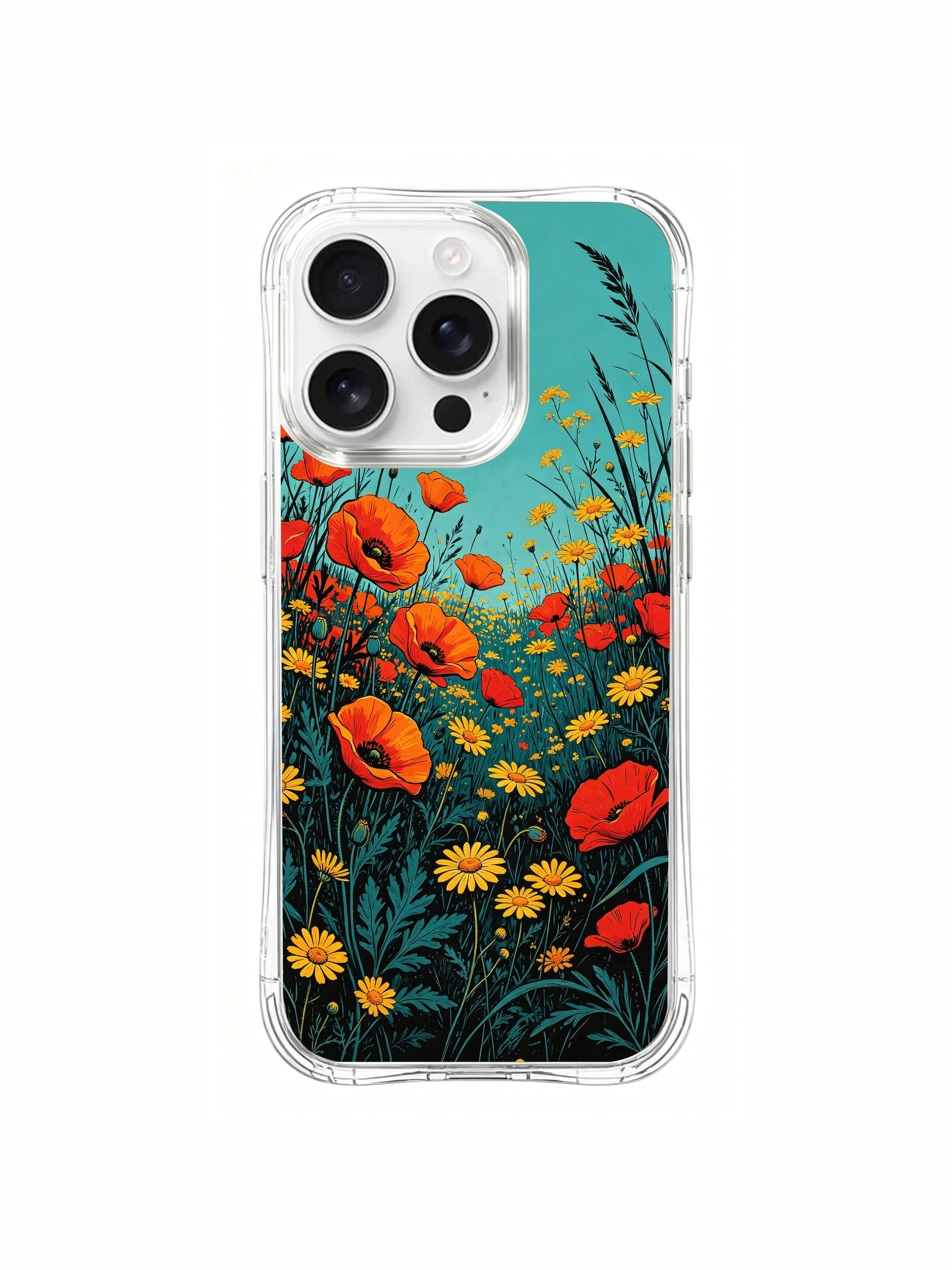 PhoneCasing Red-Orange Floral Horizon iPhone 16 Pro Max Case. Poppies and daisies rise like flames around a peaceful blue sky, representing courage and love.