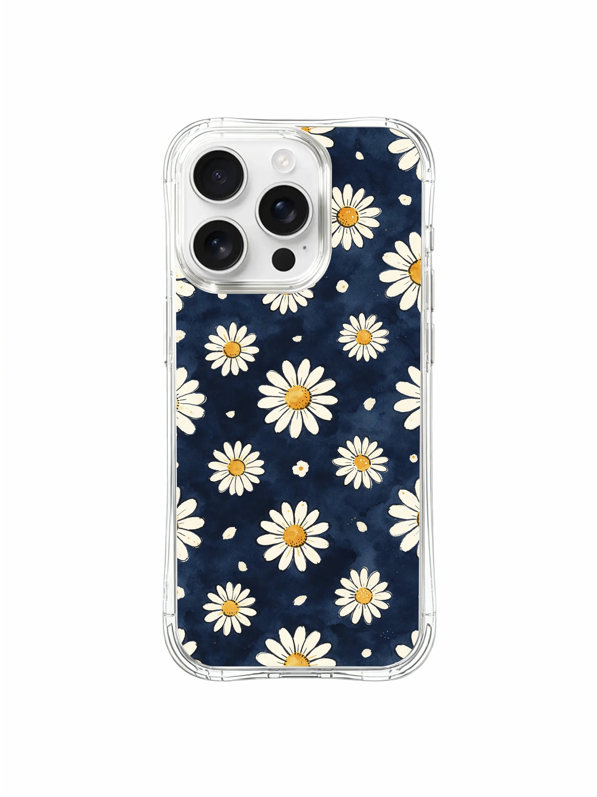 PhoneCasing iPhone 16 Pro Max Case with retro cottagecore daisy art by Mira Bloomwell, the Midnight Daisy Rain pattern offers a soft, calming vibe.