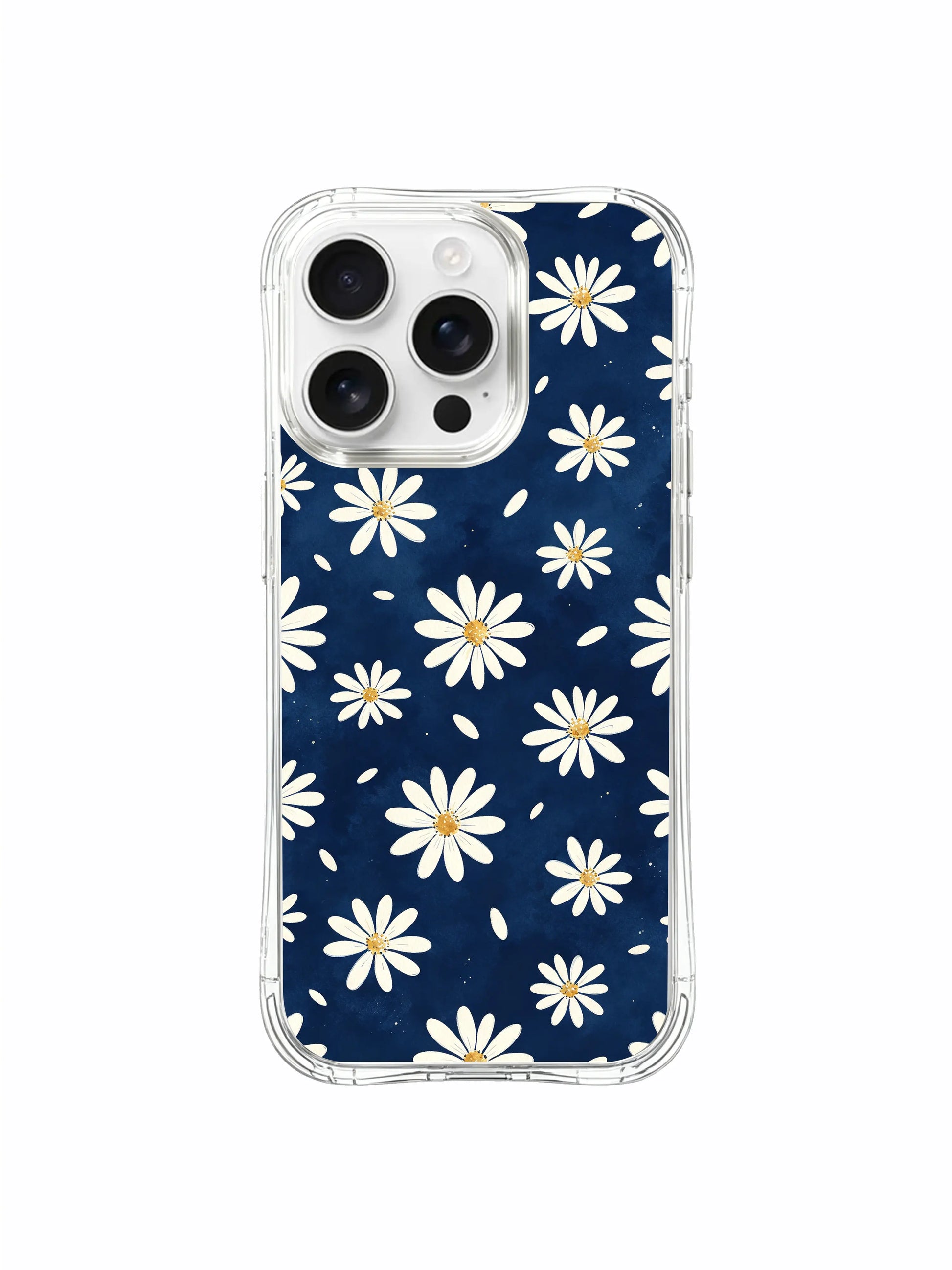 PhoneCasing iPhone 16 Pro Max Case with scratch-resistant finish, showcasing the Deep Ocean Blue Daisies pattern by Daisy Vale.