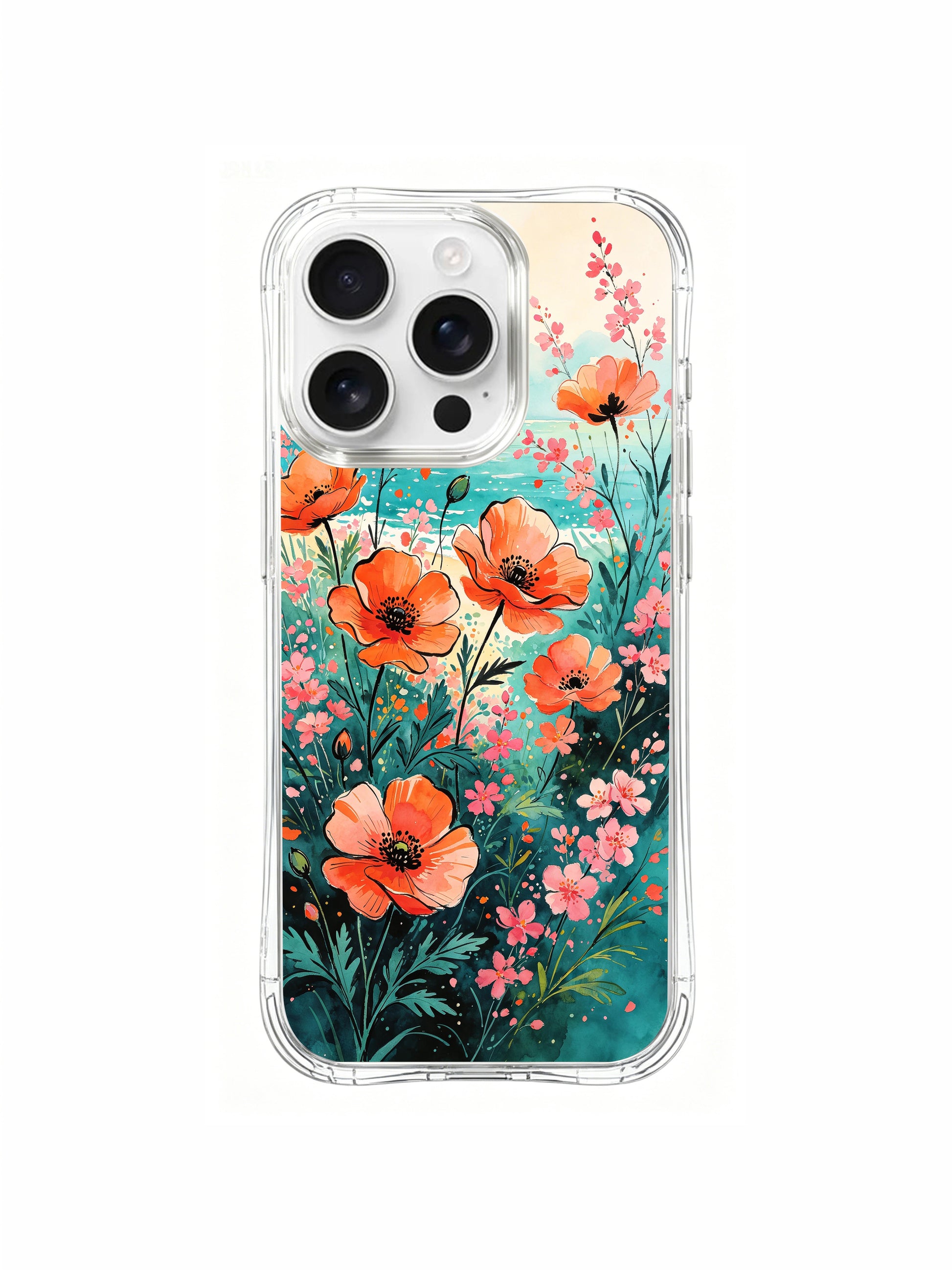 PhoneCasing Seaside Wildflower Meadow iPhone 16 Pro Max Case, a lively mix of coral poppies and pink flowers along the coast.
