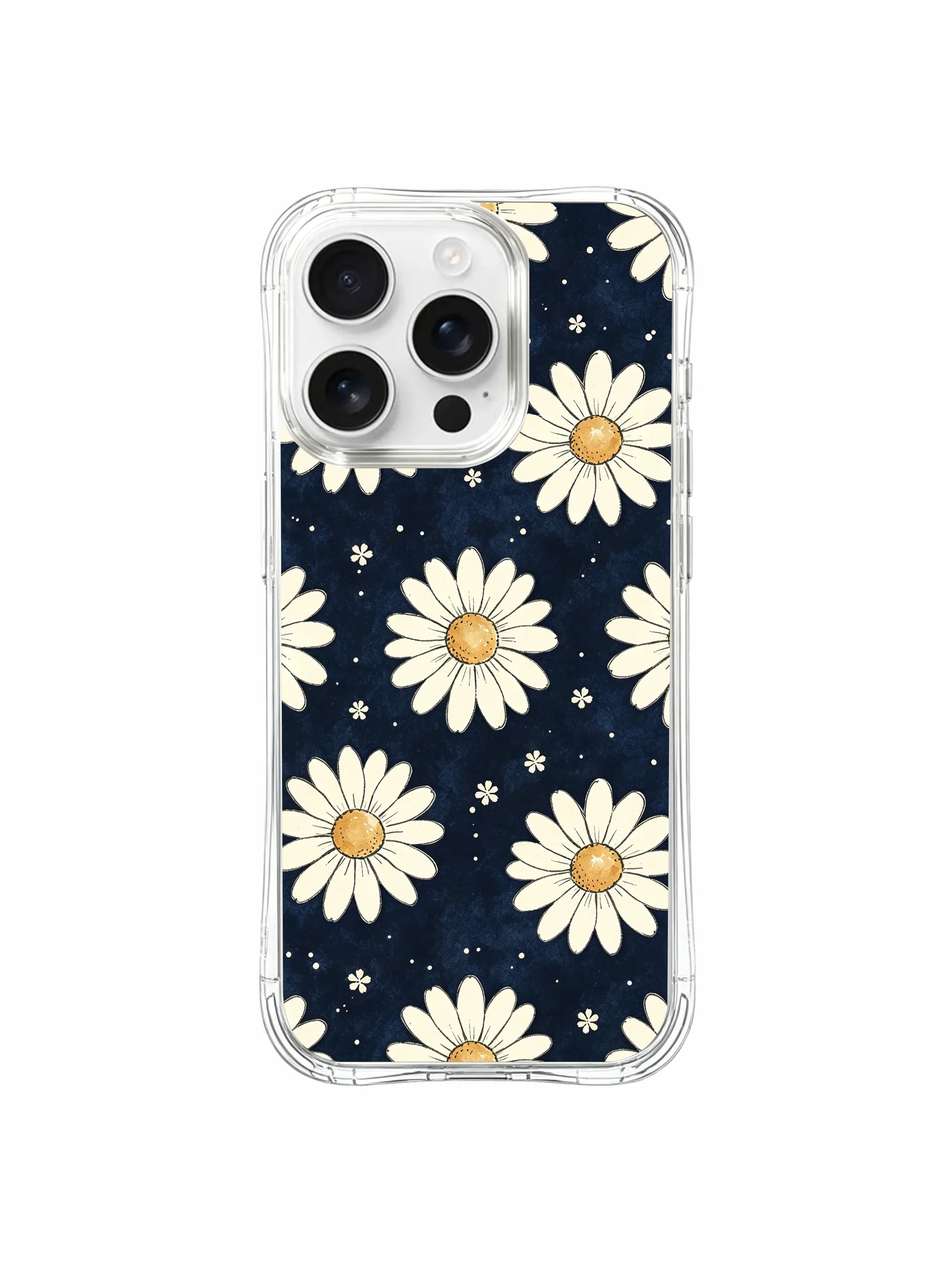 PhoneCasing iPhone 16 Pro Max Case with the serene navy and cream daisy design by Daisy Vale, a durable MagSafe-compatible case made in California.