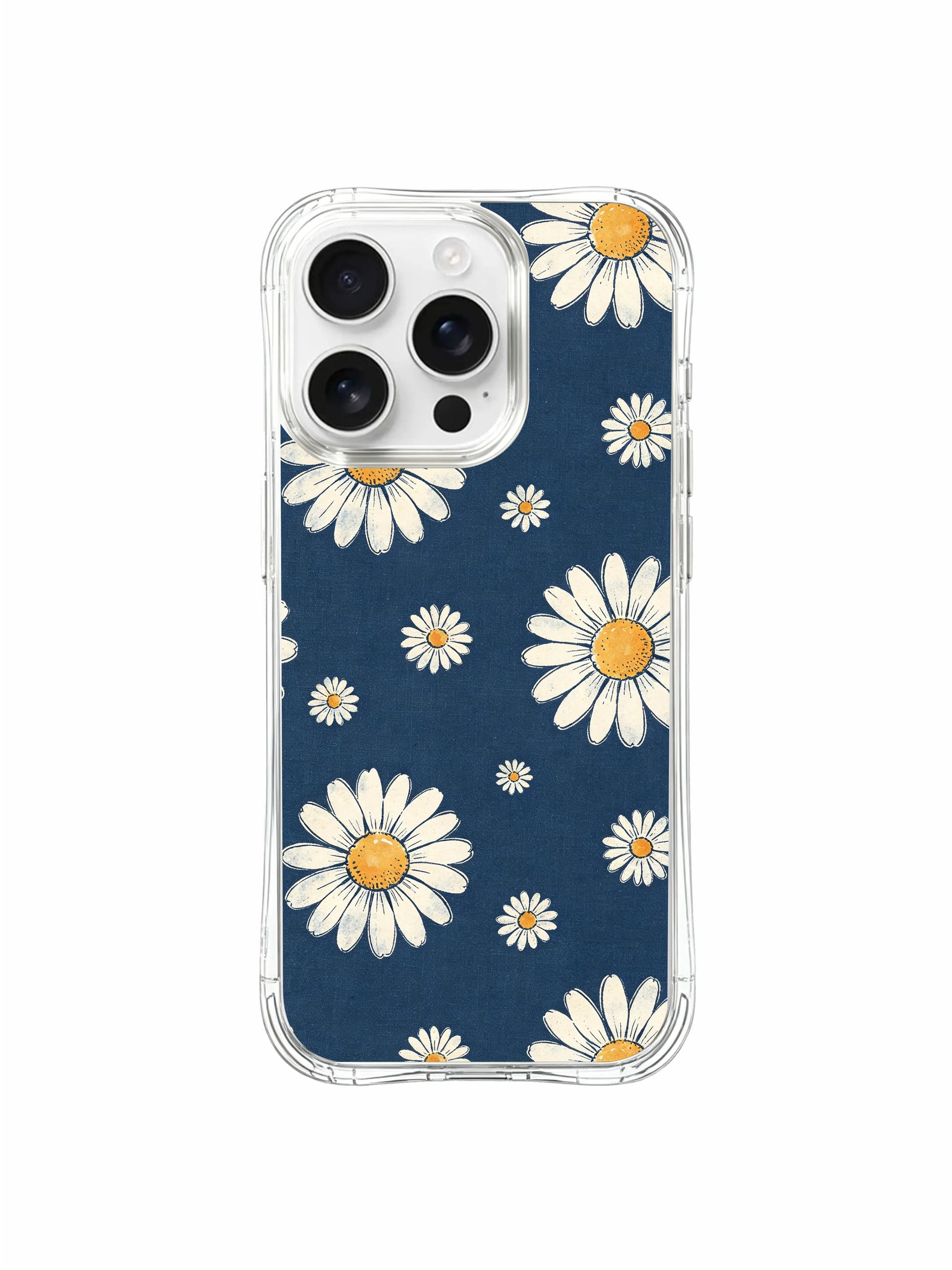 PhoneCasing iPhone 16 Pro Max Case with the serene indigo daisy design by Daisy Vale, a durable MagSafe-compatible case made in California.