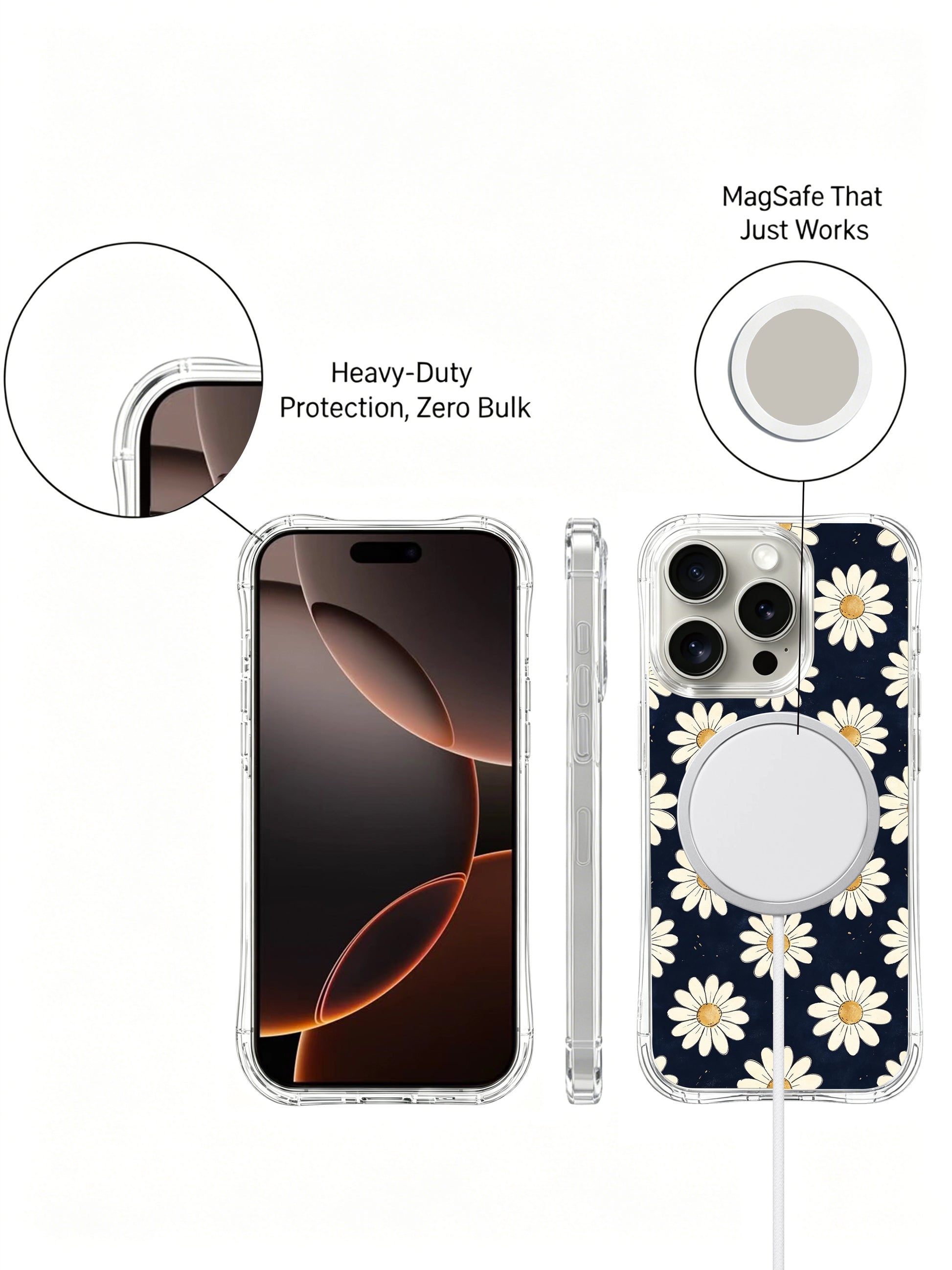 PhoneCasing iPhone 16 Pro Max Case featuring the soft navy and cream daisy print from artist Daisy Vale, a peaceful case that brings warmth to your daily routine.