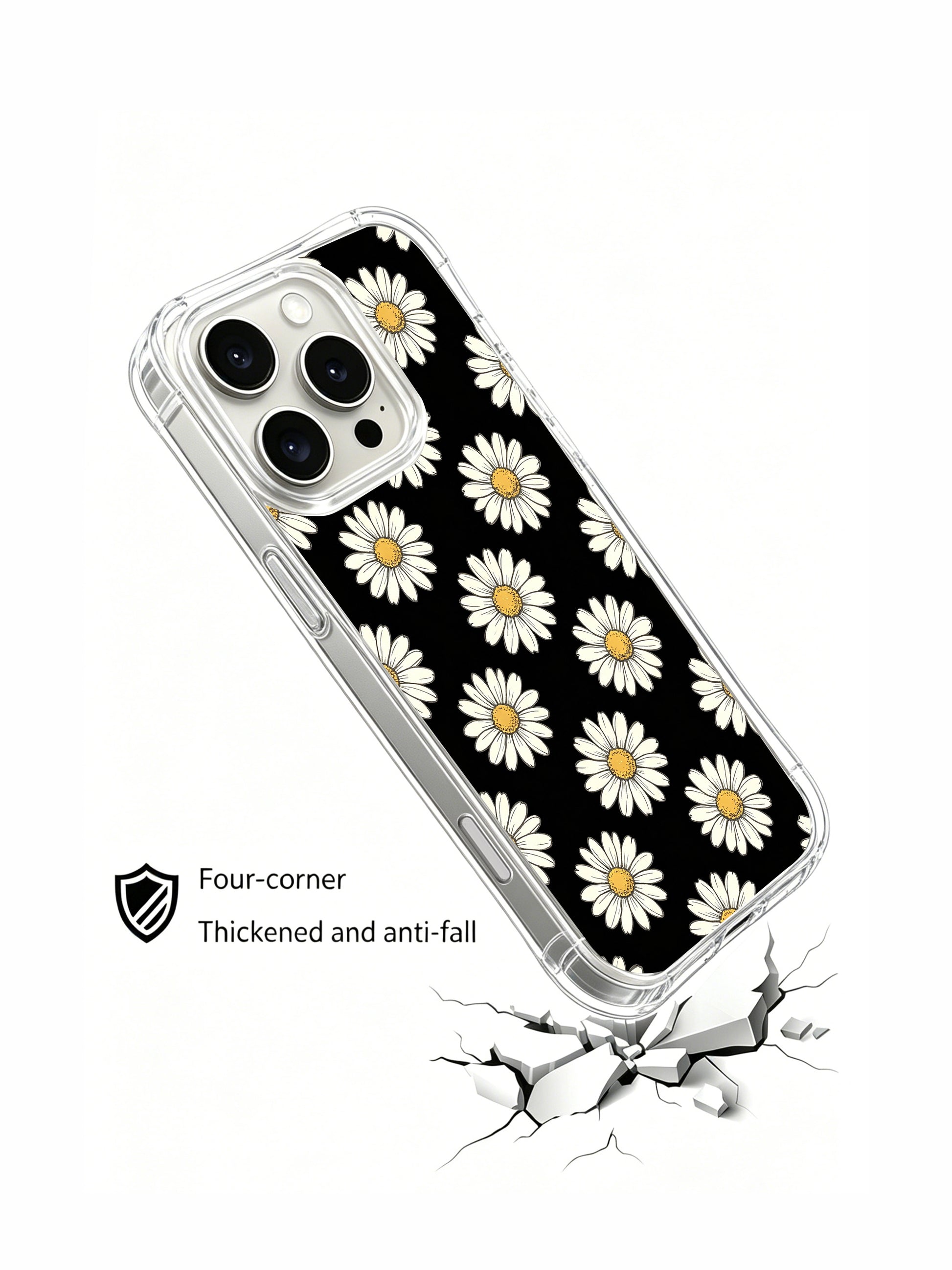 PhoneCasing iPhone 16 Pro Max Case with the sophisticated black and white daisy pattern, part of Daisy Vale’s Black Night series for a refined, modern look.