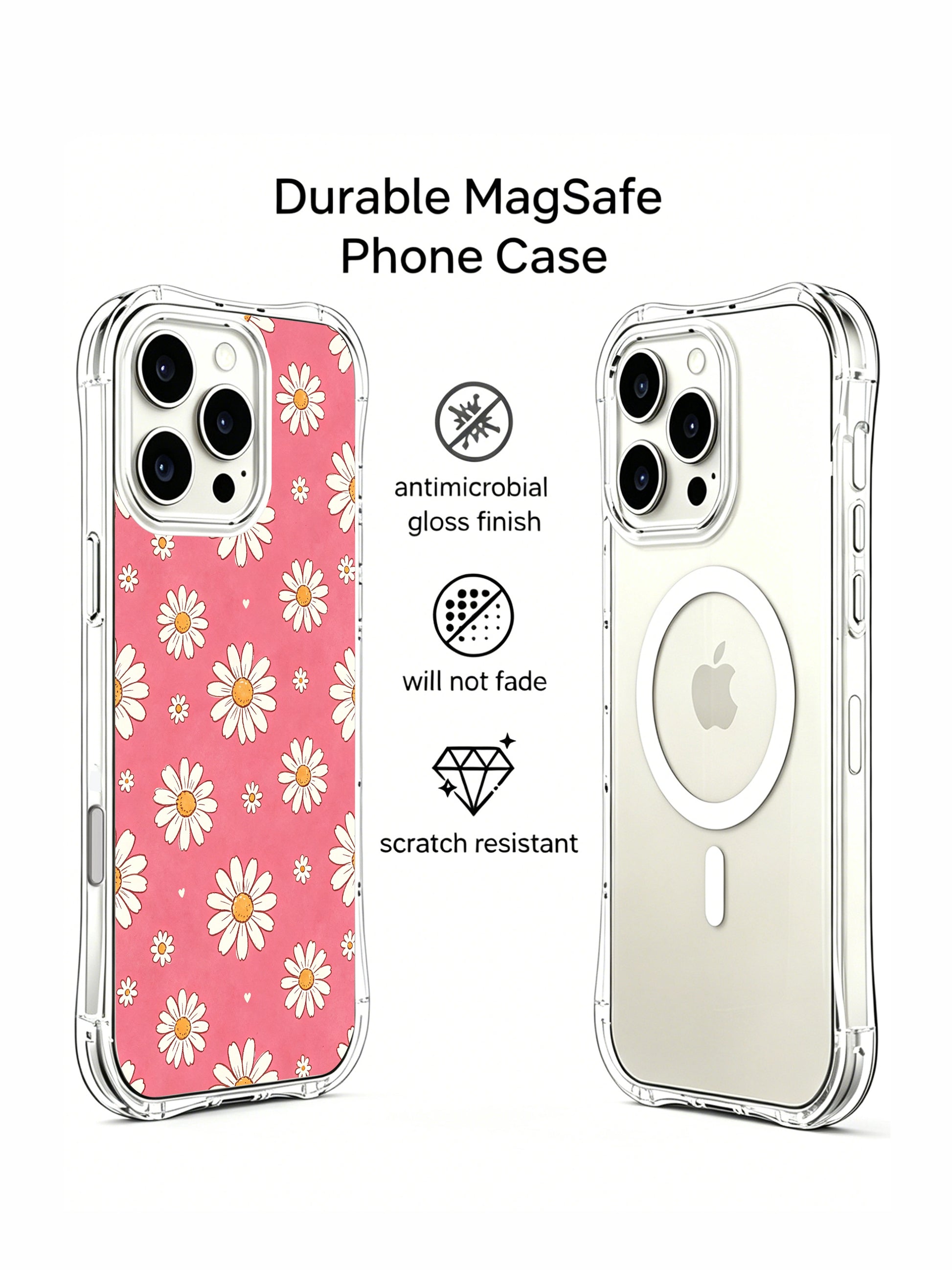 PhoneCasing iPhone 16 Pro Max Case showcasing the whimsical daisy pattern on soft strawberry pink, designed by Daisy Vale for a fun, feminine aesthetic.