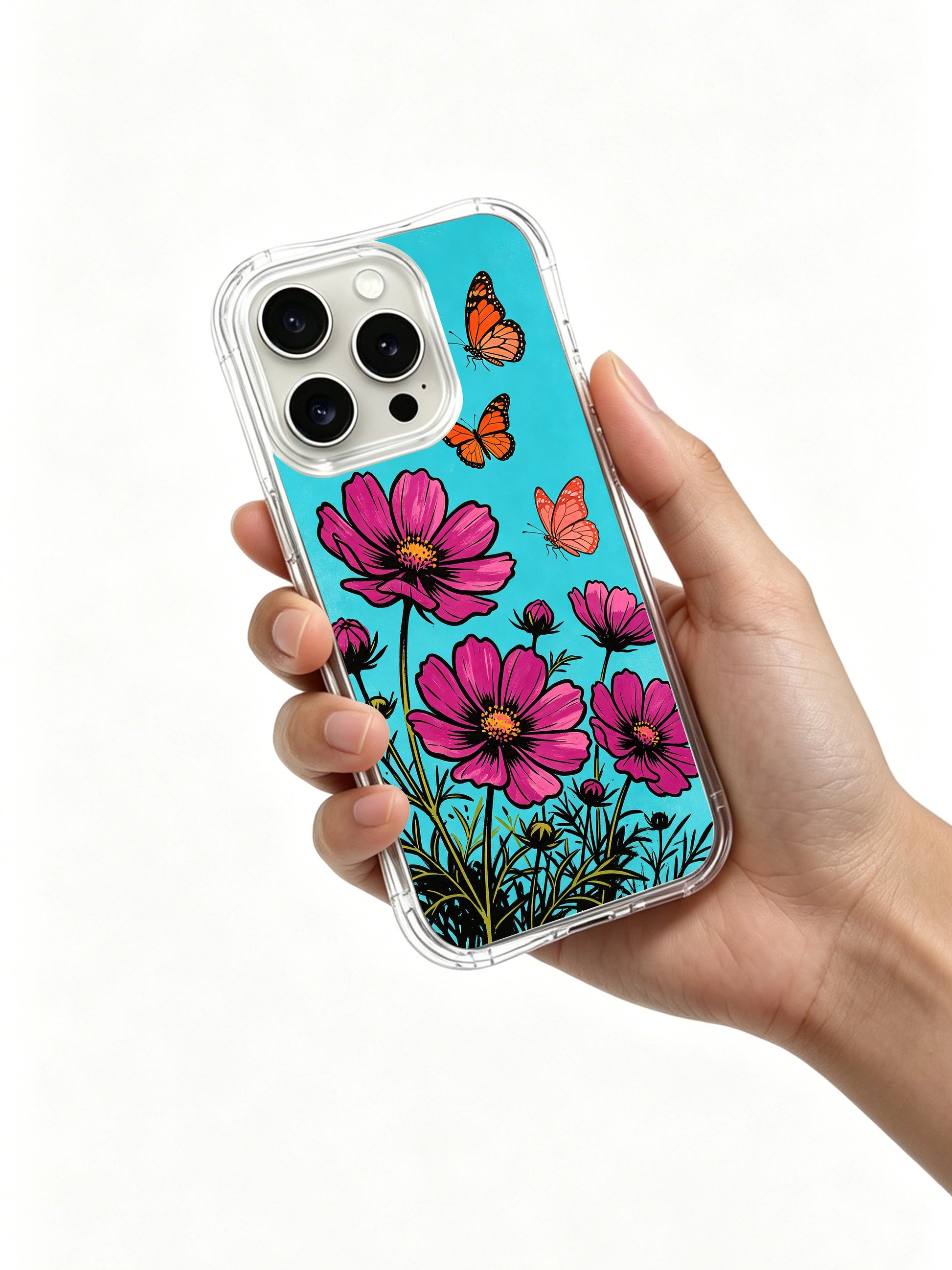 PhoneCasing "Summer Breeze" butterfly garden design on an iPhone 16 Pro Max Case, a joyful and free-spirited illustration by Aurora Bloom.