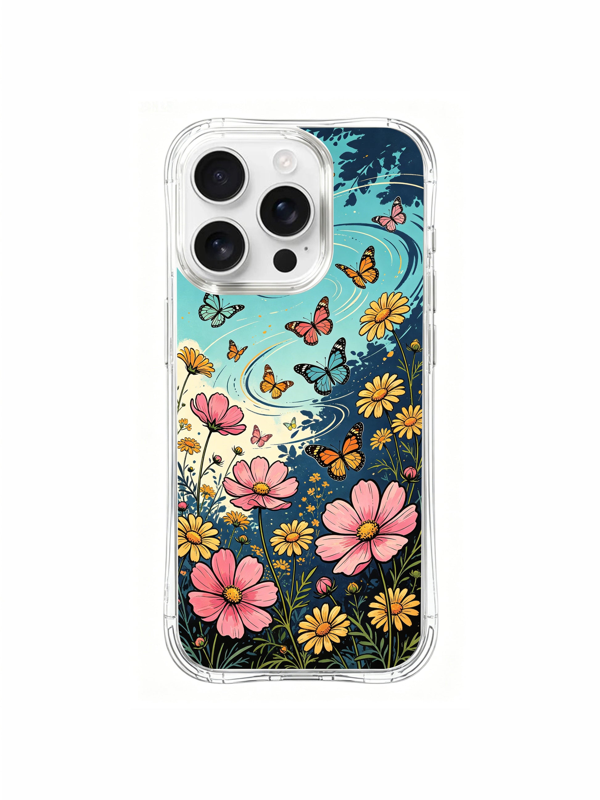 PhoneCasing Summer Floral Butterfly iPhone 16 Pro Max Case, a joyful pattern of meadow flowers and dancing butterflies.