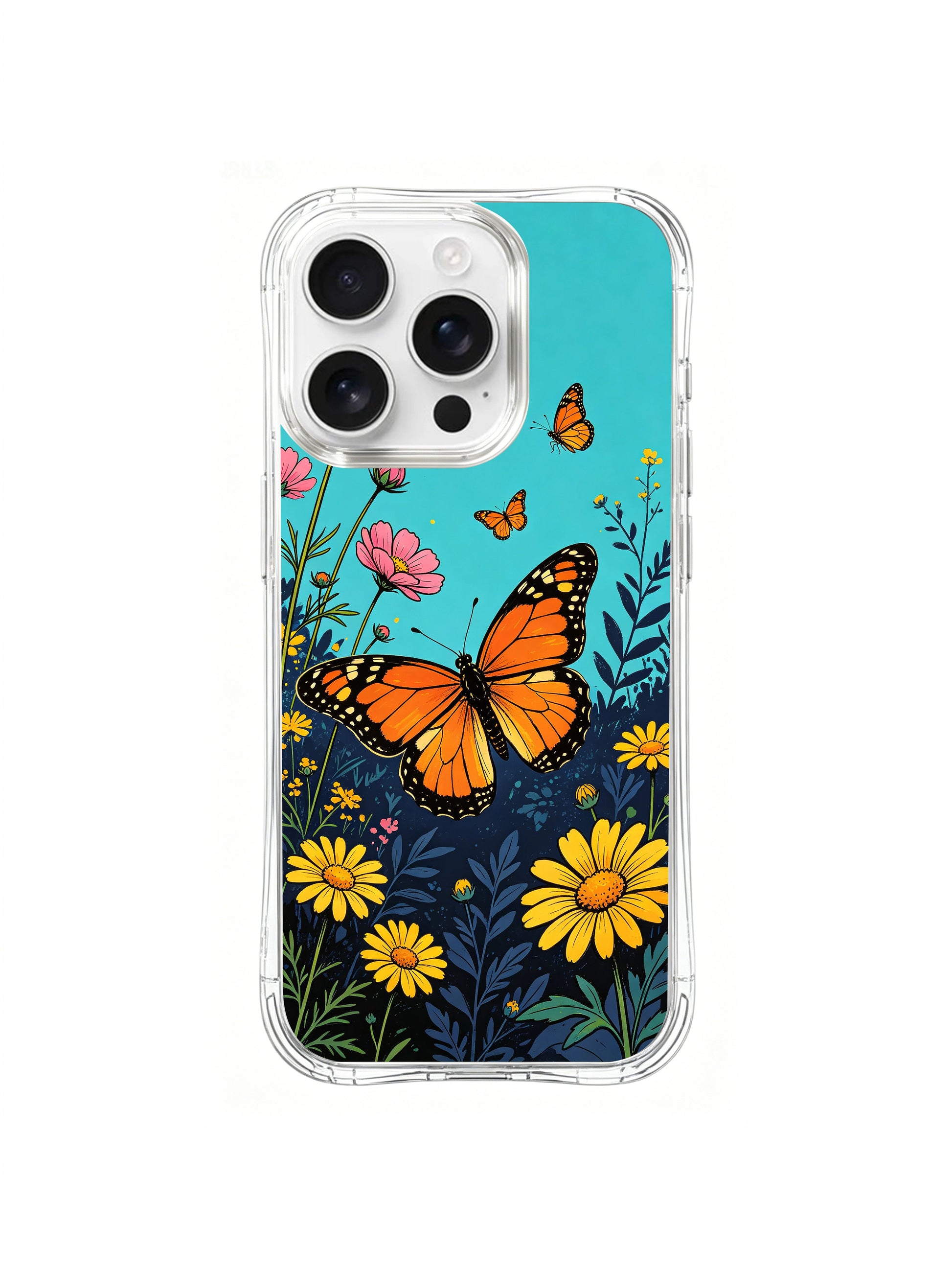PhoneCasing summer wildflower field design on an iPhone 16 Pro Max Case, featuring pink and yellow blooms with monarch butterflies by Aurora Bloom