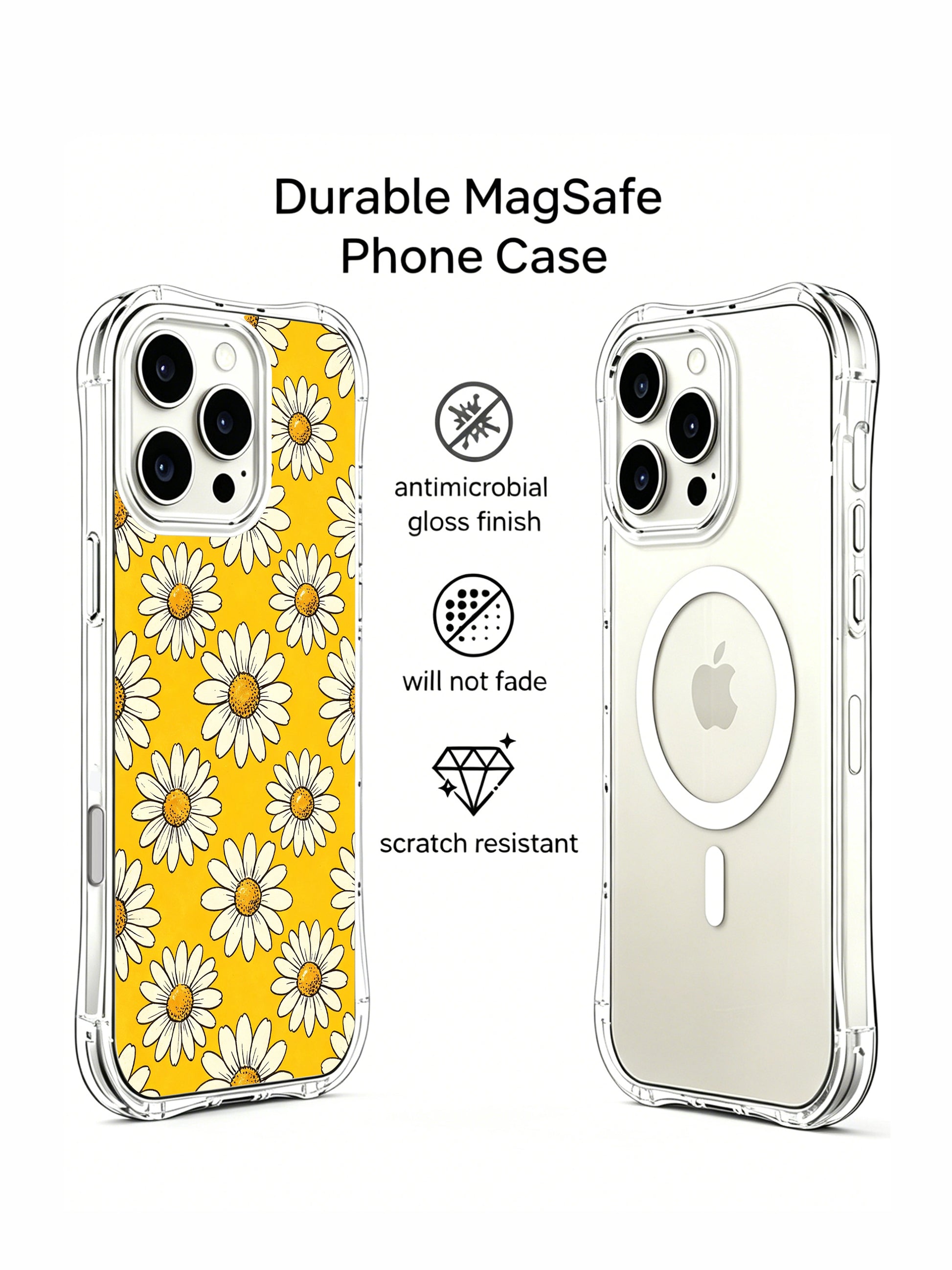 PhoneCasing iPhone 16 Pro Max Case showcasing the bold sunflower-yellow daisy pattern, designed by Daisy Vale for a bright, confident aesthetic.