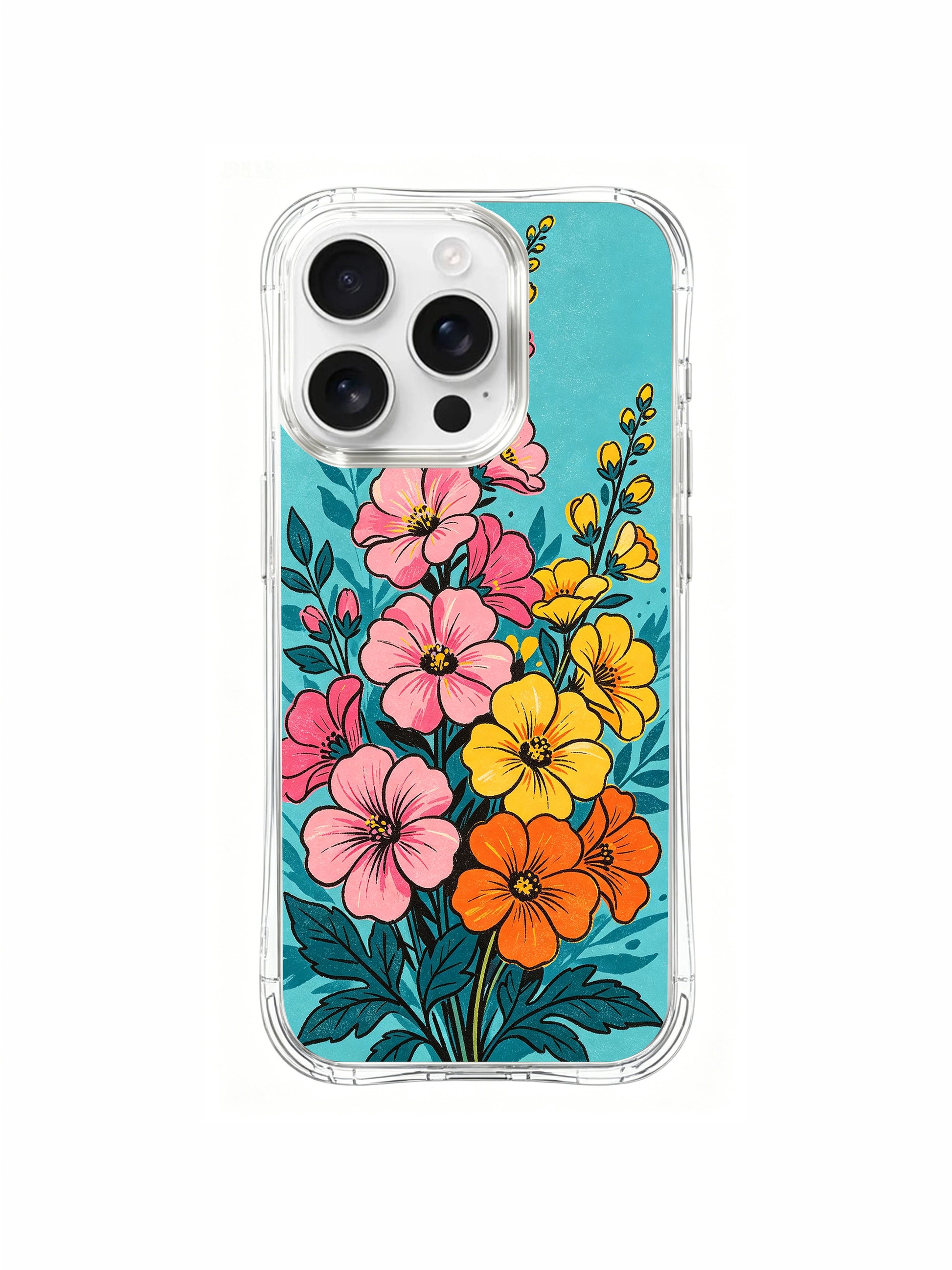 PhoneCasing sunlit bloom tsunami art on an iPhone 16 Pro Max Case, a fun and energetic piece of flowers overflowing with color.