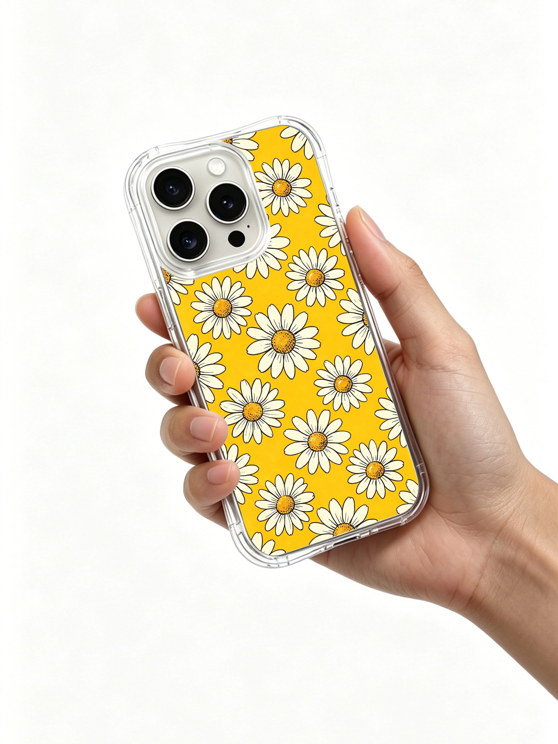 PhoneCasing iPhone 16 Pro Max Case with the vibrant yellow background and white daisy pattern, a playful yet confident case perfect for those who love bright, positive art.