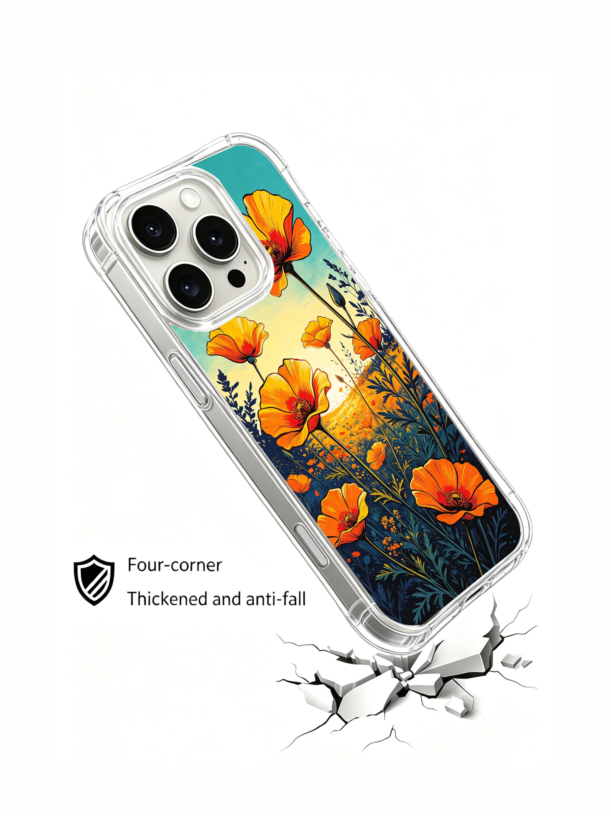 PhoneCasing Sunset Meadow Floral iPhone 16 Pro Max Case, a warm-toned design of California poppies at golden hour.