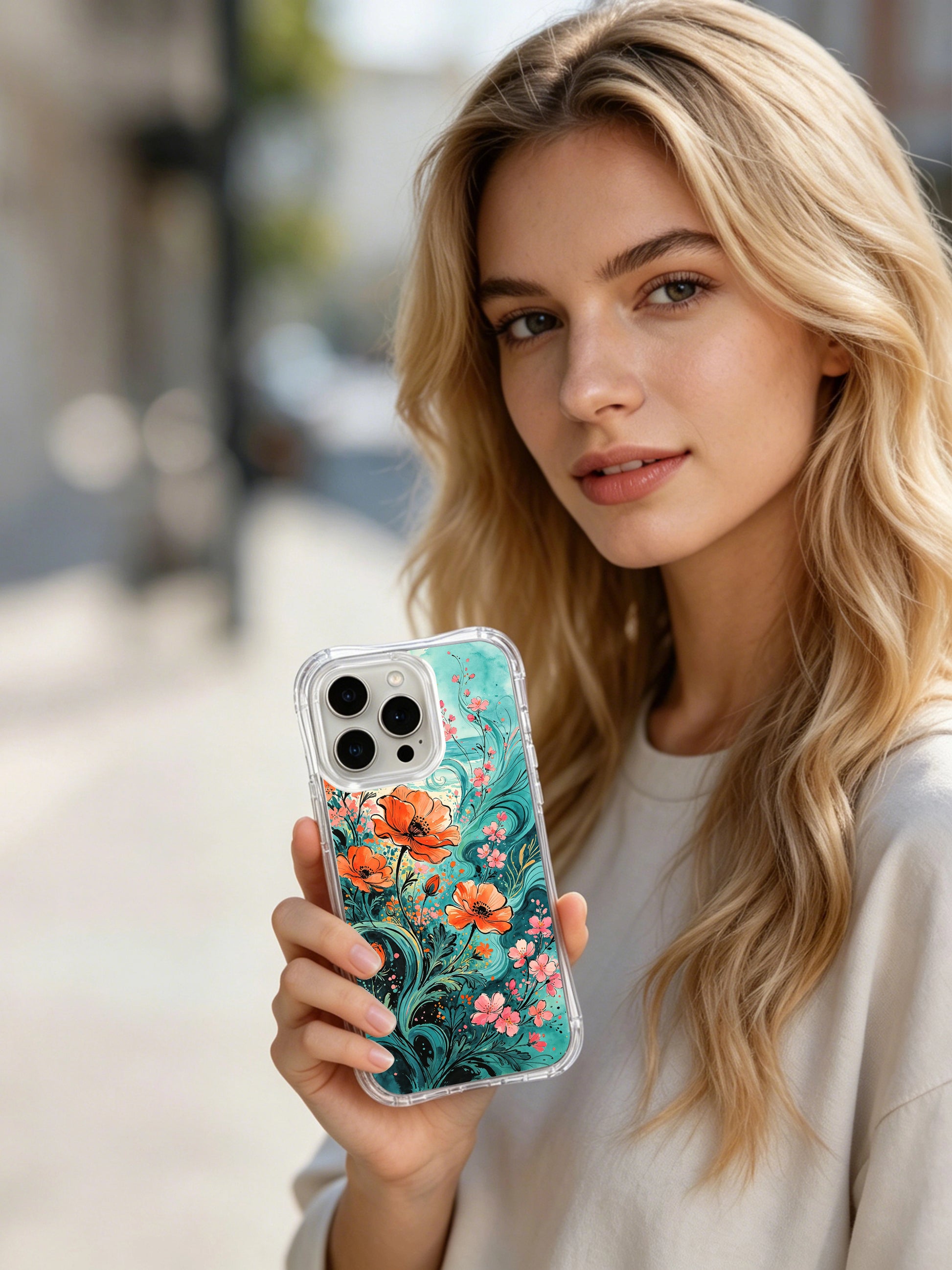 PhoneCasing Teal and Coral Poppy Floral iPhone 16 Pro Max Case, featuring vibrant flowers against a serene coastal background.