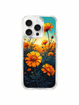PhoneCasing Teal and Orange Poppy Floral iPhone 16 Pro Max Case, featuring vibrant flowers against a bright sunset sky.