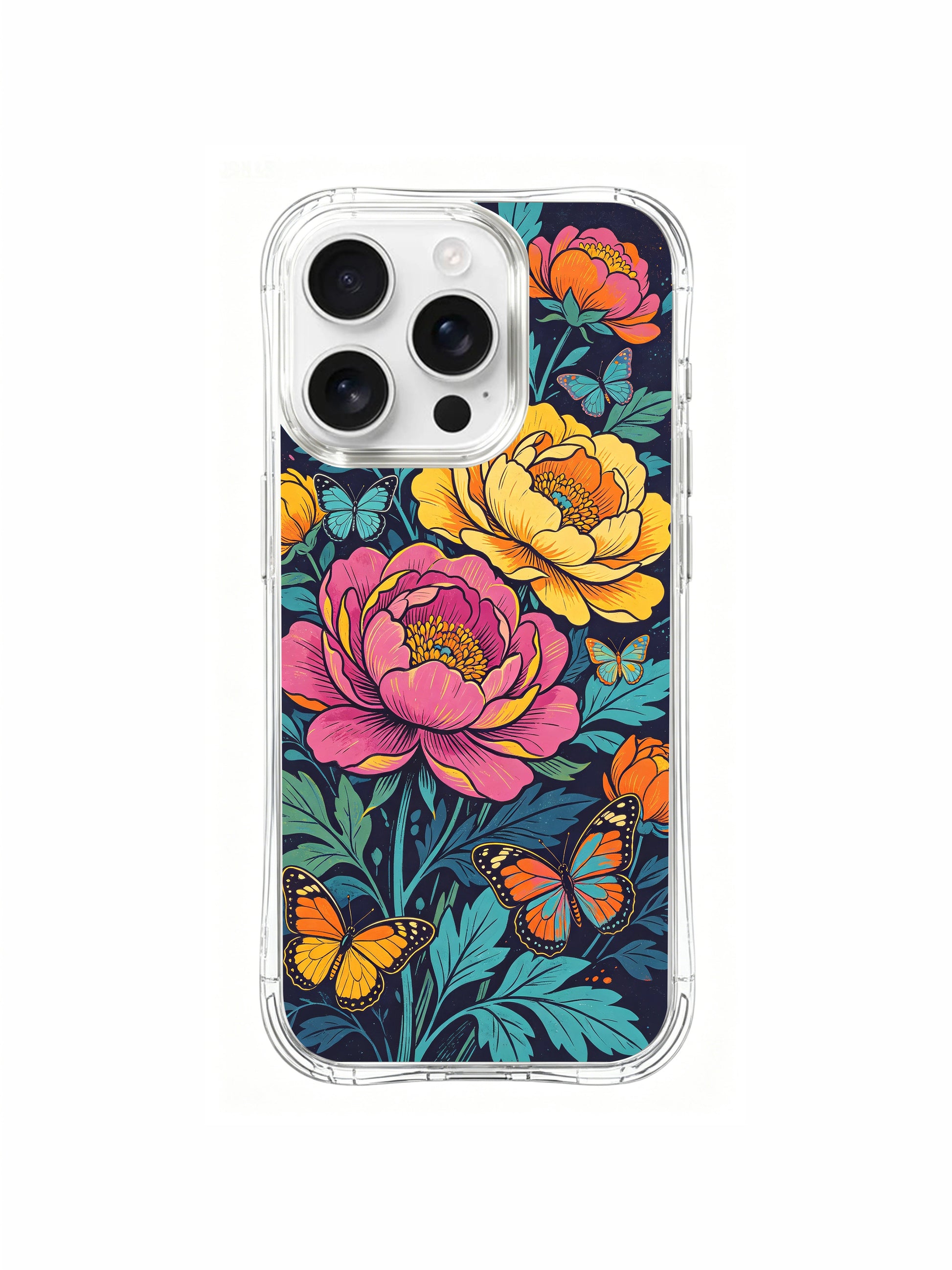 PhoneCasing Tropical Flower Daydream iPhone 16 Pro Max Case. A vibrant mix of peonies, daisies, and butterflies in a rich, colorful palette.