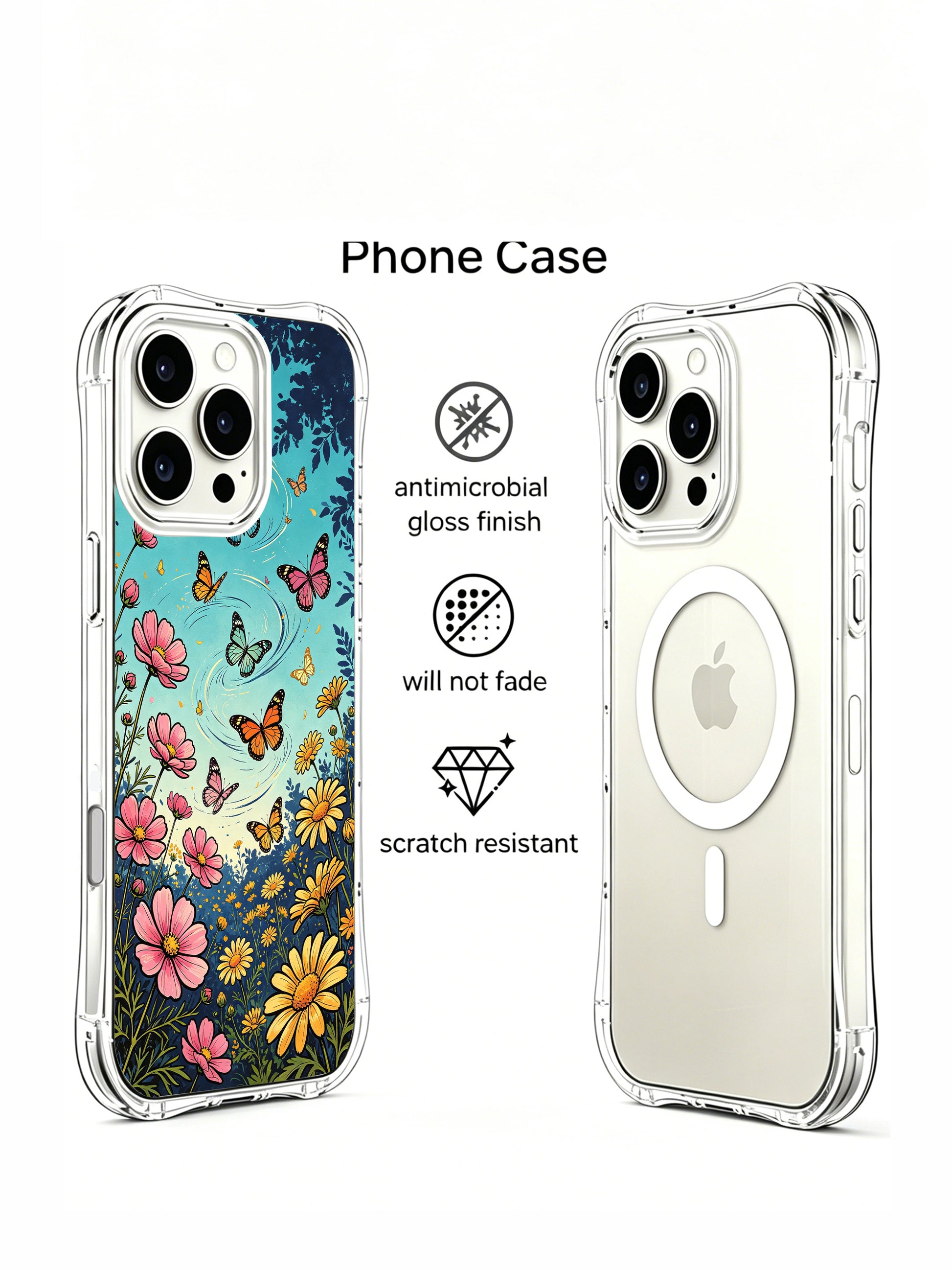 PhoneCasing Tropical Meadow Butterfly iPhone 16 Pro Max Case, showcasing monarch, swallowtail, and painted lady butterflies in a flower field.